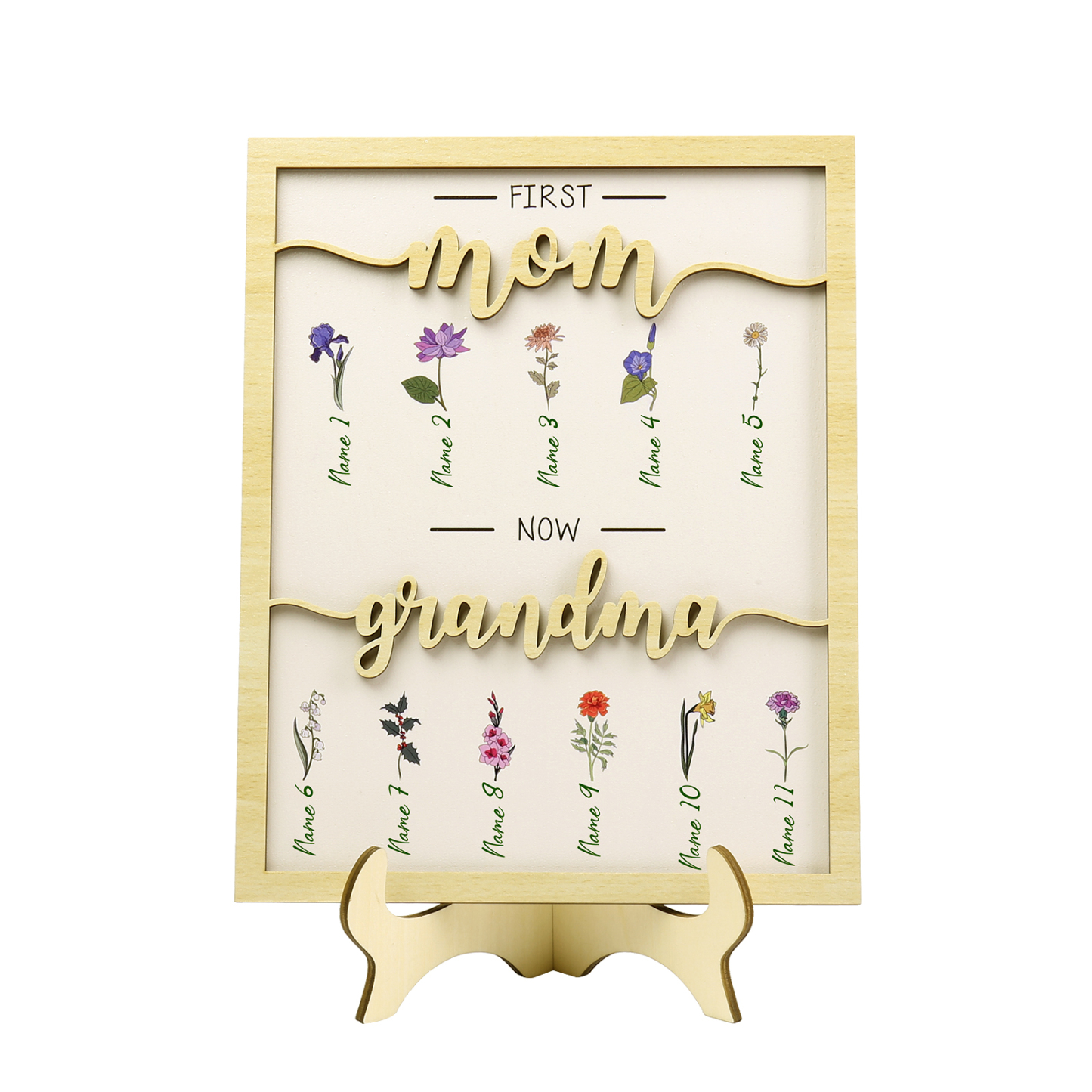 11 Names - Personalized Customized Birth Flower Home Frame Wooden Decoration for Mom/Grandma