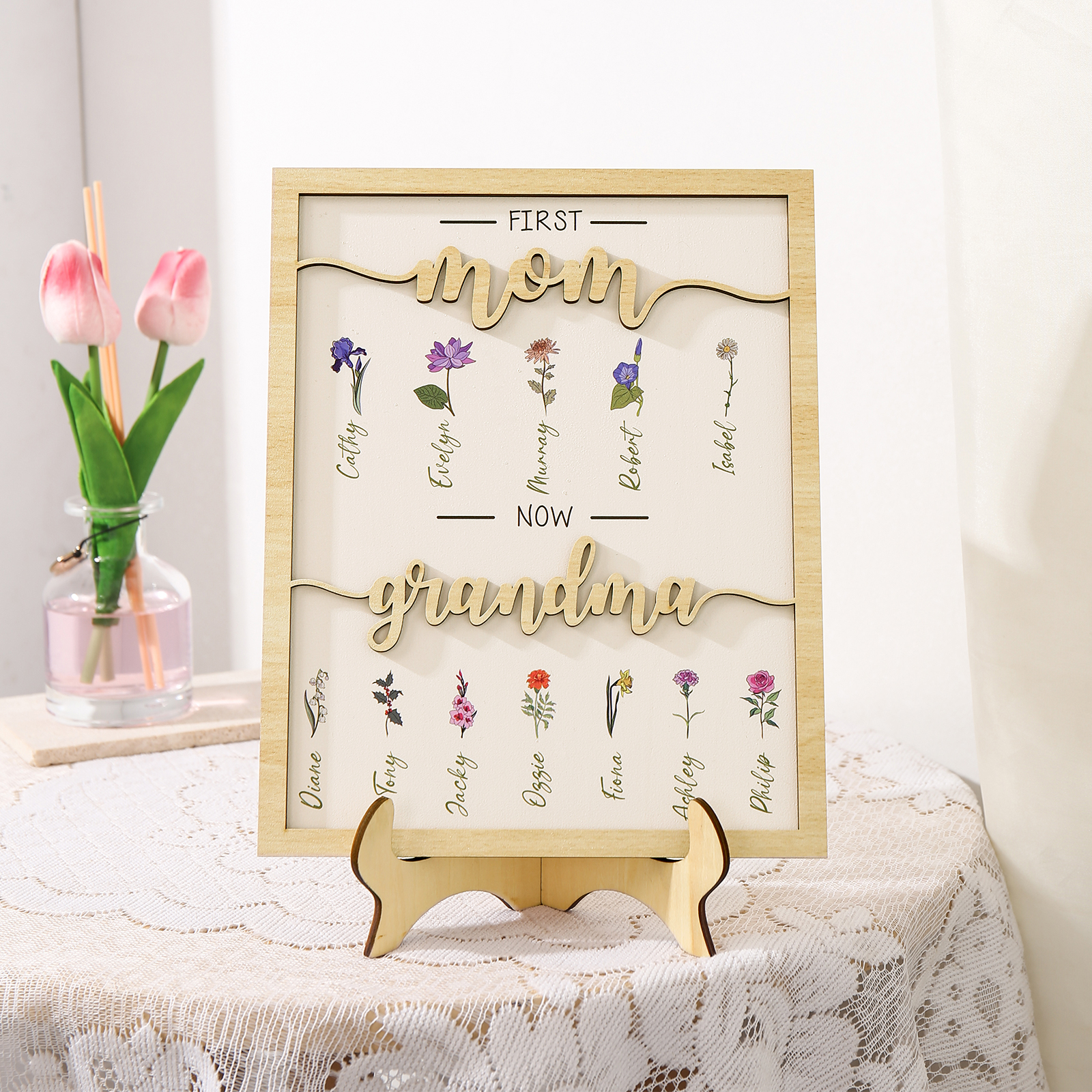 12 Names - Personalized Customized Birth Flower Home Frame Wooden Decoration for Mom/Grandma