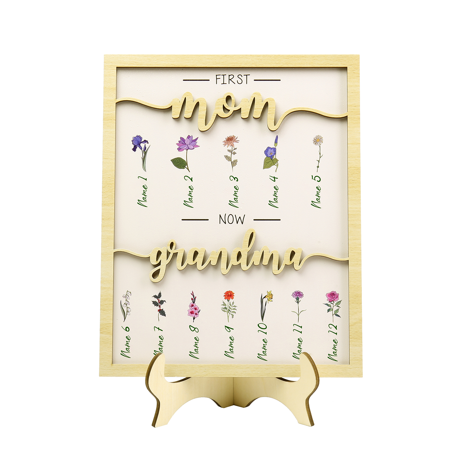 12 Names - Personalized Customized Birth Flower Home Frame Wooden Decoration for Mom/Grandma