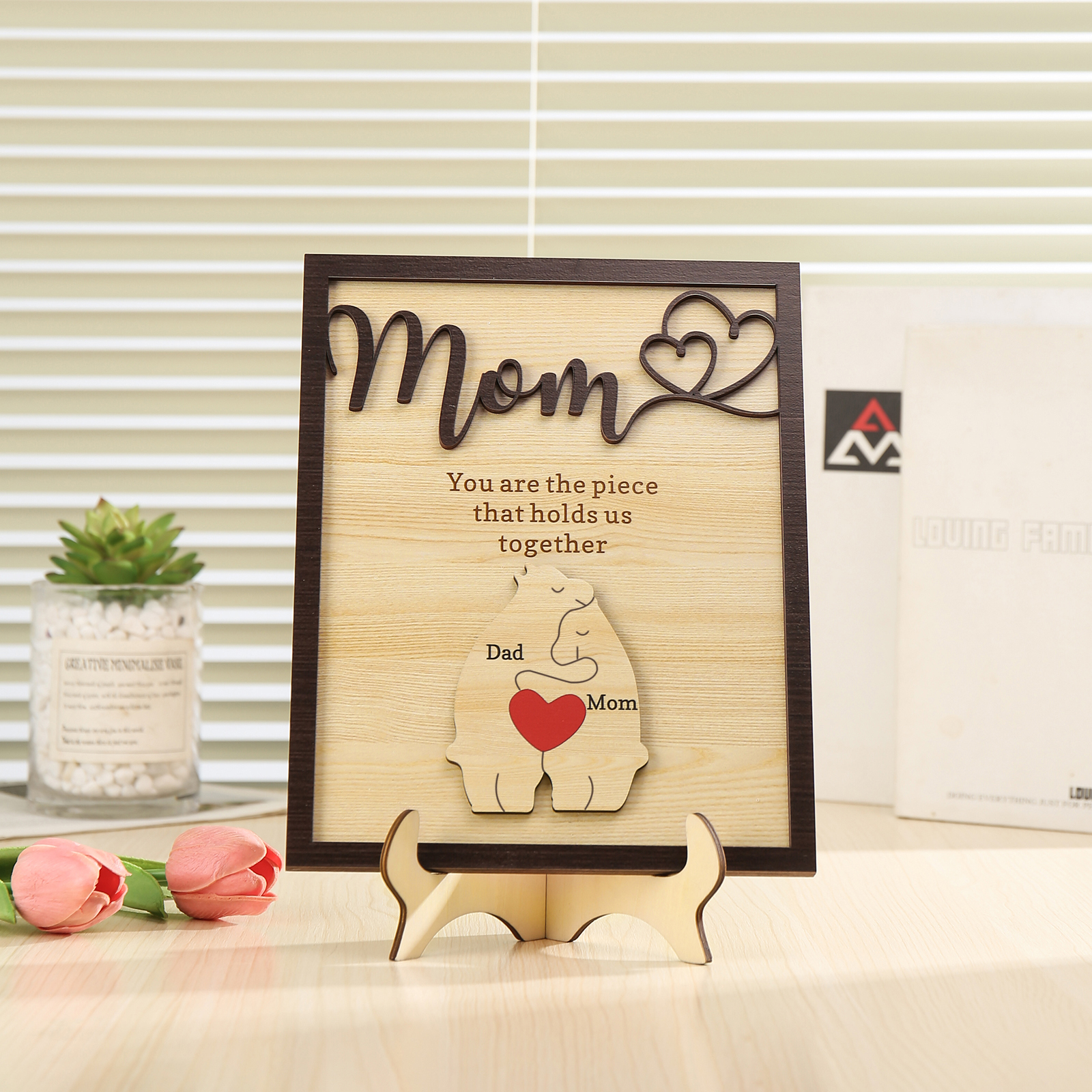 2 Names - Personalized Home Frame Wooden Ornaments Cute Bear Style Ornaments for Mom