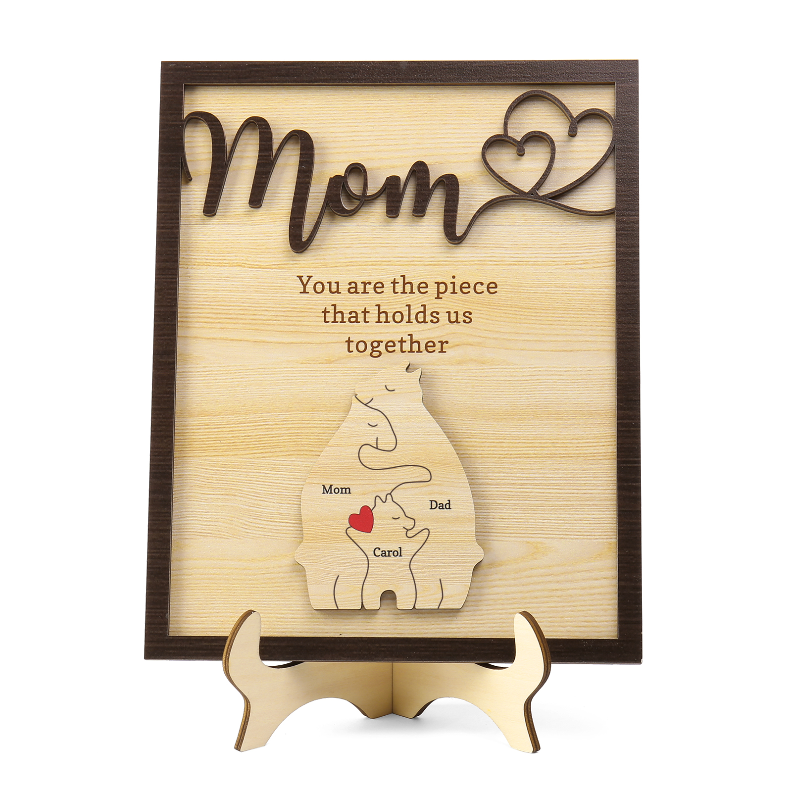 3 Names - Personalized Home Frame Wooden Ornaments Cute Bear Style Customizable 2 Text Ornaments For Mom
