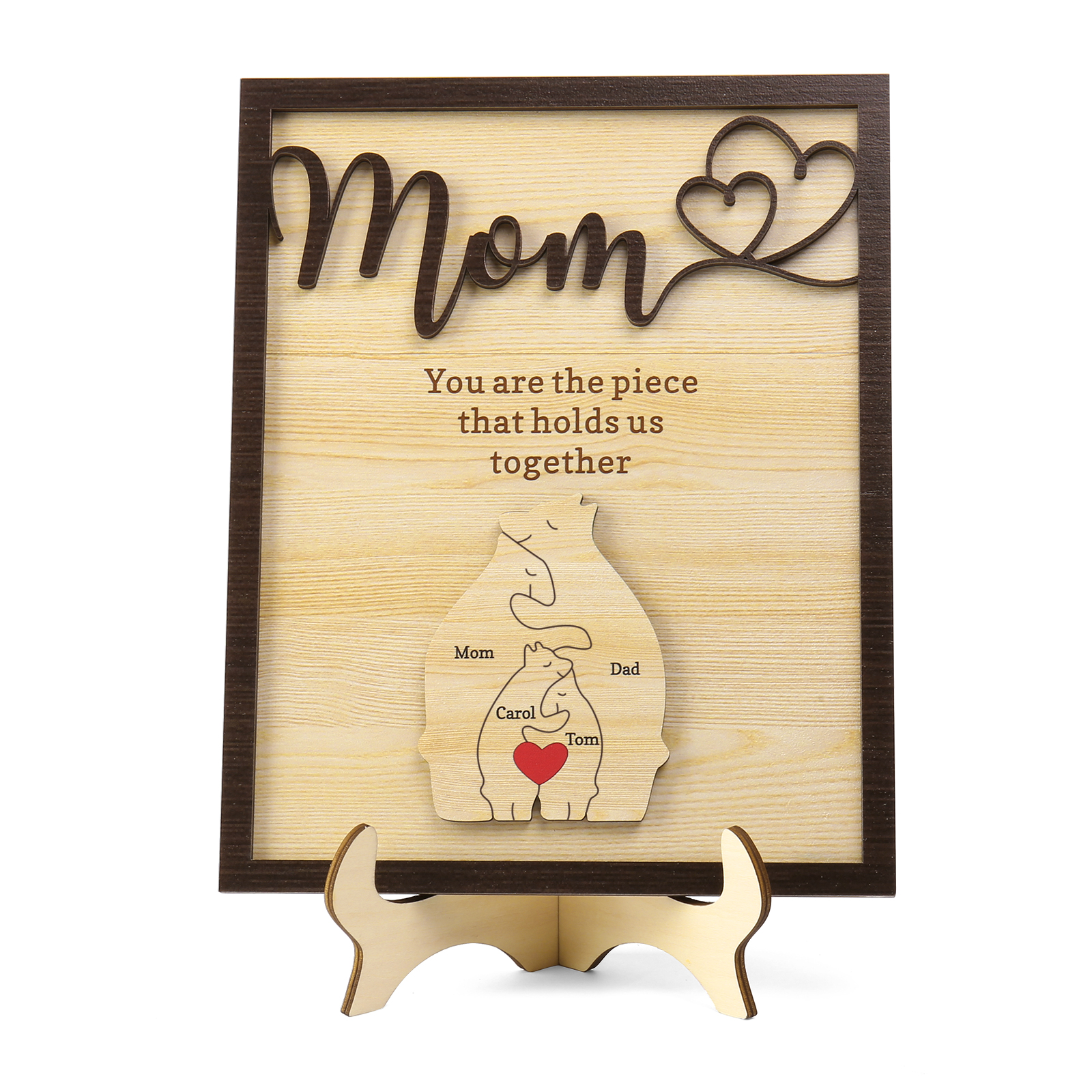 4 Names - Personalized Home Frame Wooden Ornaments Cute Bear Style Customizable 2 Text Ornaments For Mom