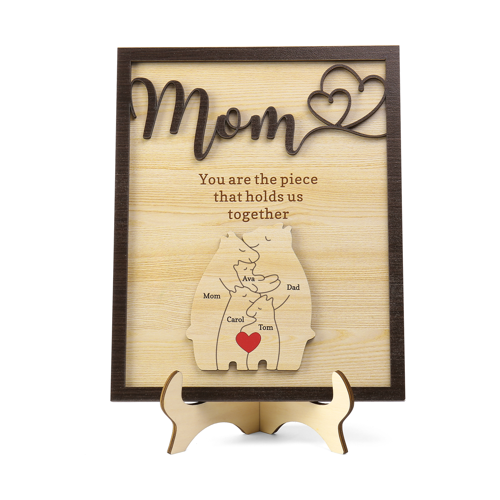 5 Names - Personalized Home Frame Wooden Ornaments Cute Bear Style Customizable 2 Text Ornaments For Mom