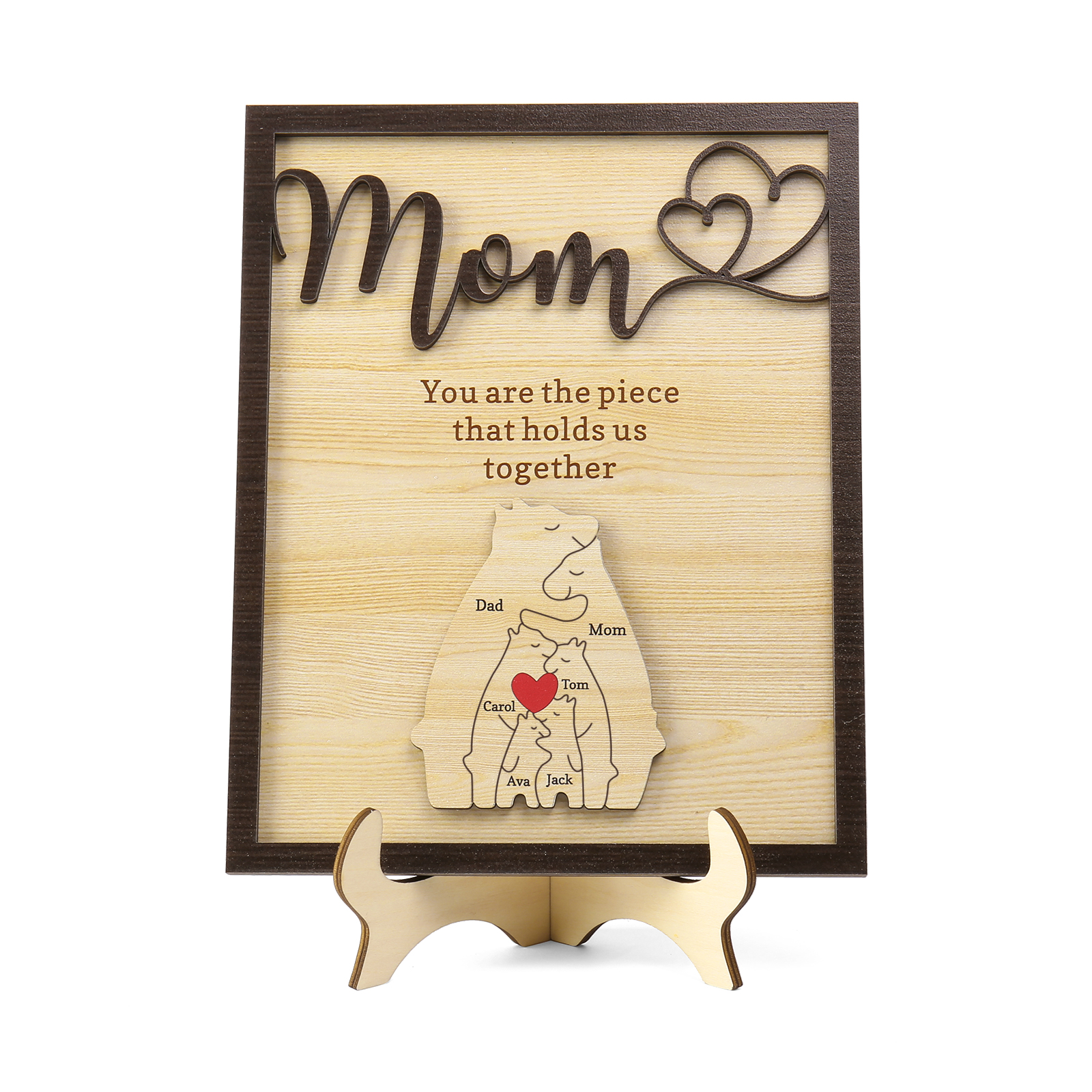 6 Names - Personalized Home Frame Wooden Ornaments Cute Bear Style Customizable 2 Text Ornaments For Mom