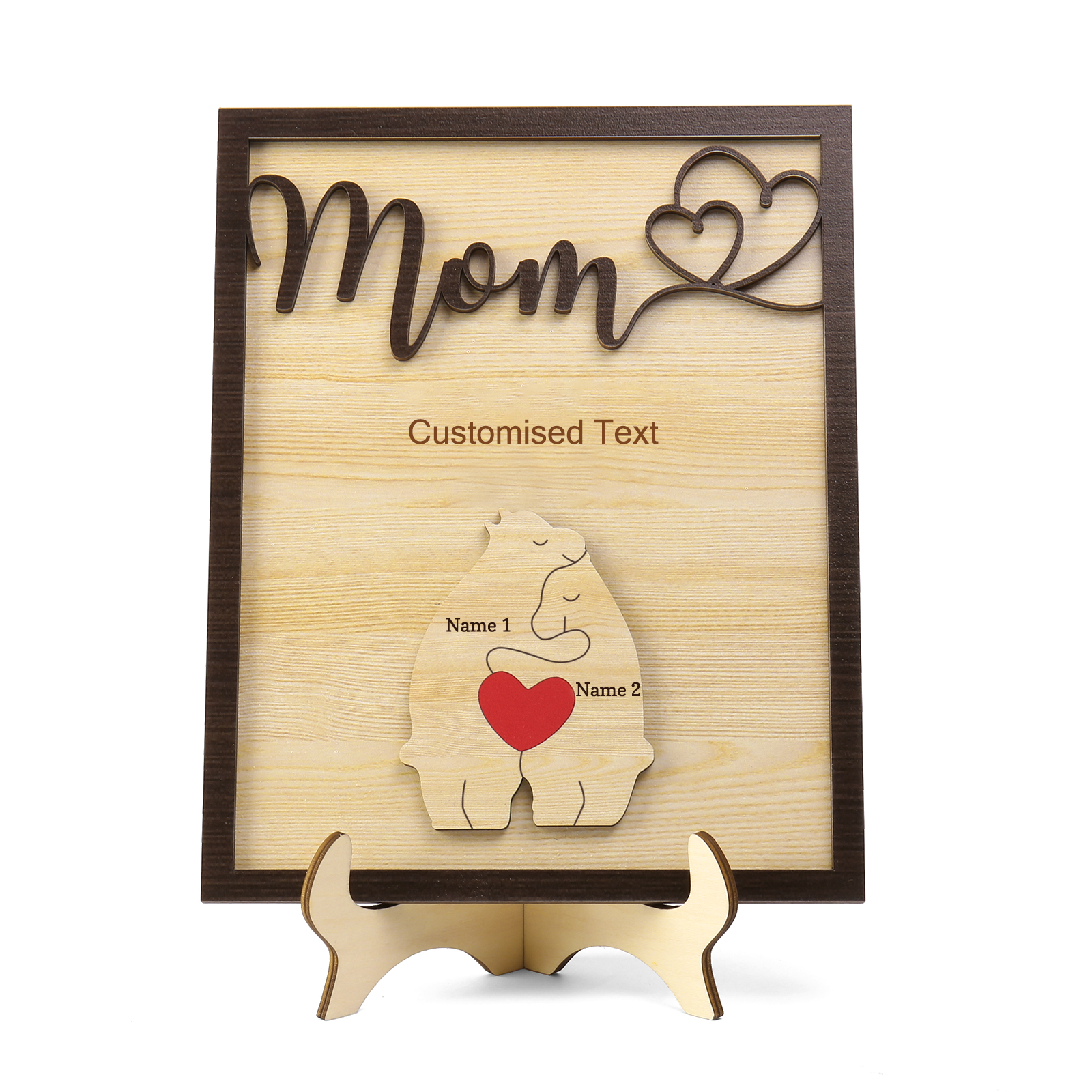 2 Names - Personalized Home Frame Wooden Ornaments Cute Bear Style Customizable 2 Text Ornaments For Mom