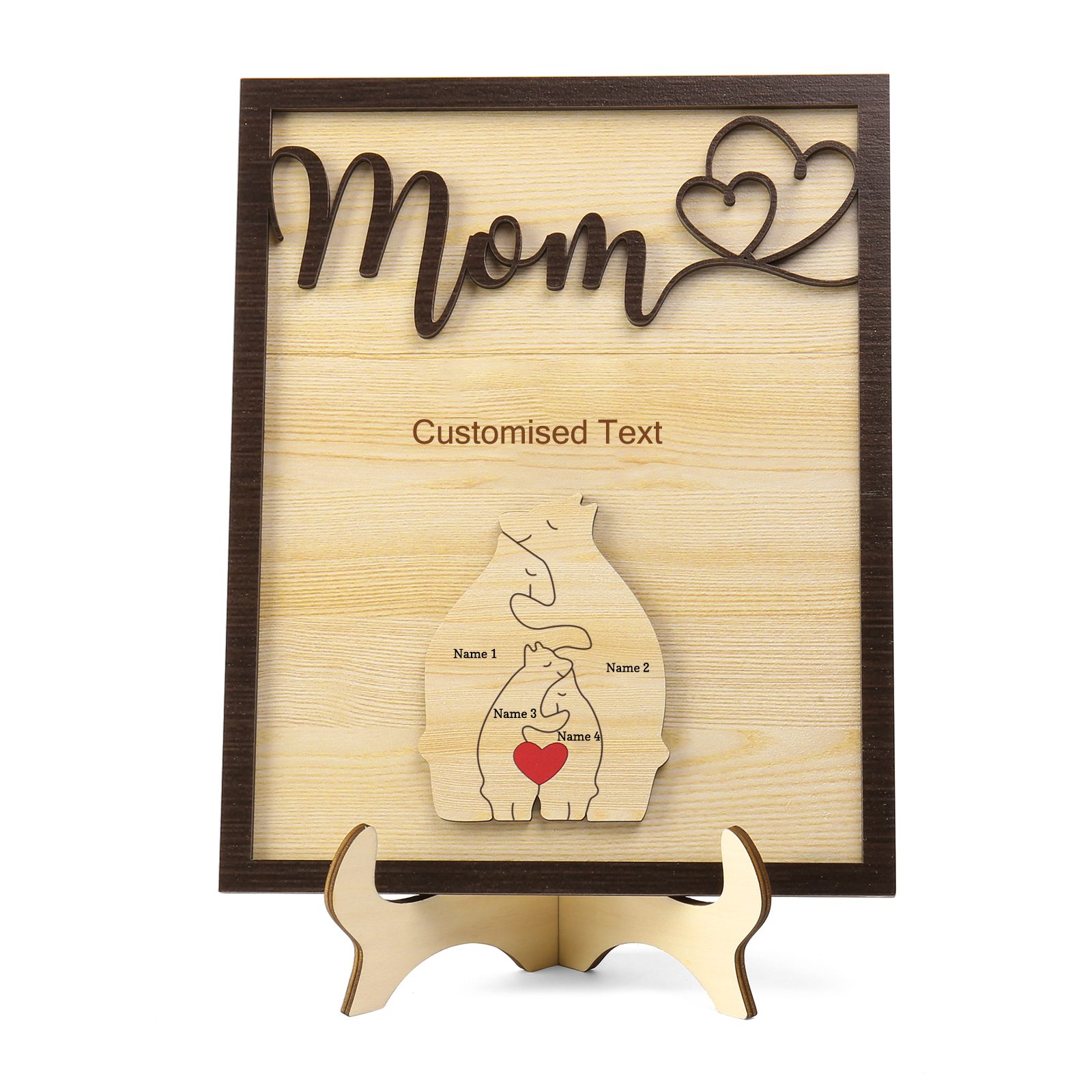 4 Names - Personalized Home Frame Wooden Ornaments Cute Bear Style Customizable 2 Text Ornaments For Mom