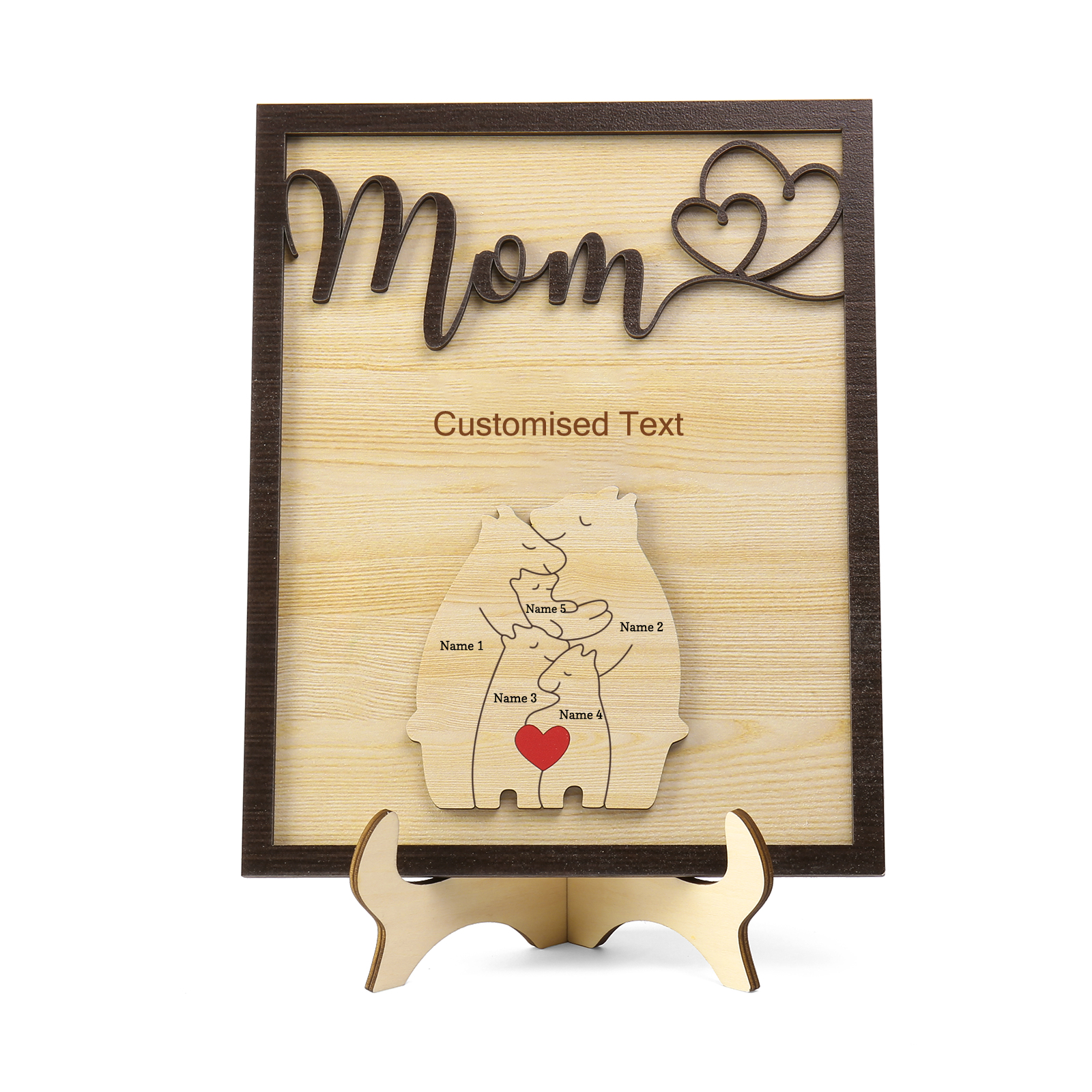 5 Names - Personalized Home Frame Wooden Ornaments Cute Bear Style Customizable 2 Text Ornaments For Mom