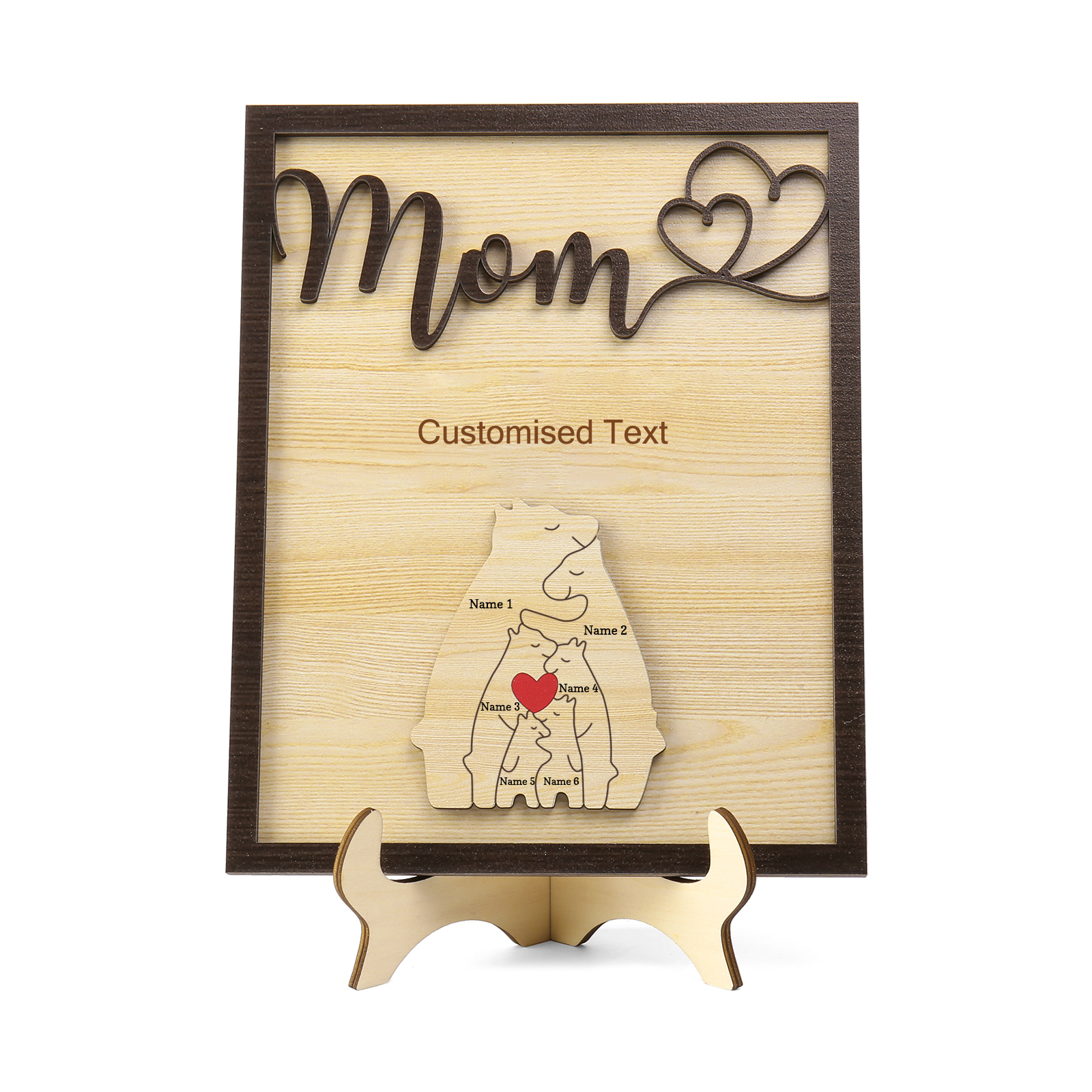 6 Names - Personalized Home Frame Wooden Ornaments Cute Bear Style Customizable 2 Text Ornaments For Mom