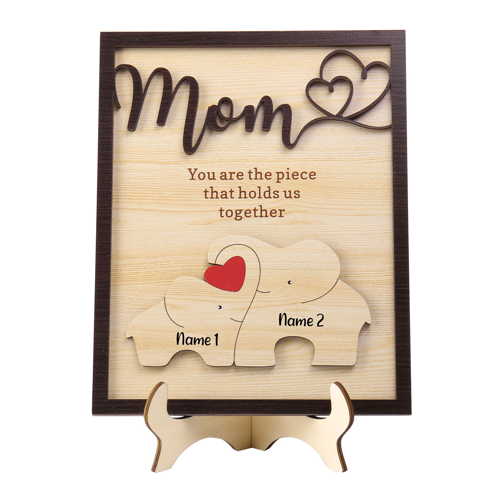 2 Names - Personalized Home Frame Wooden Ornaments Cute Elephant Style Ornaments for Mom
