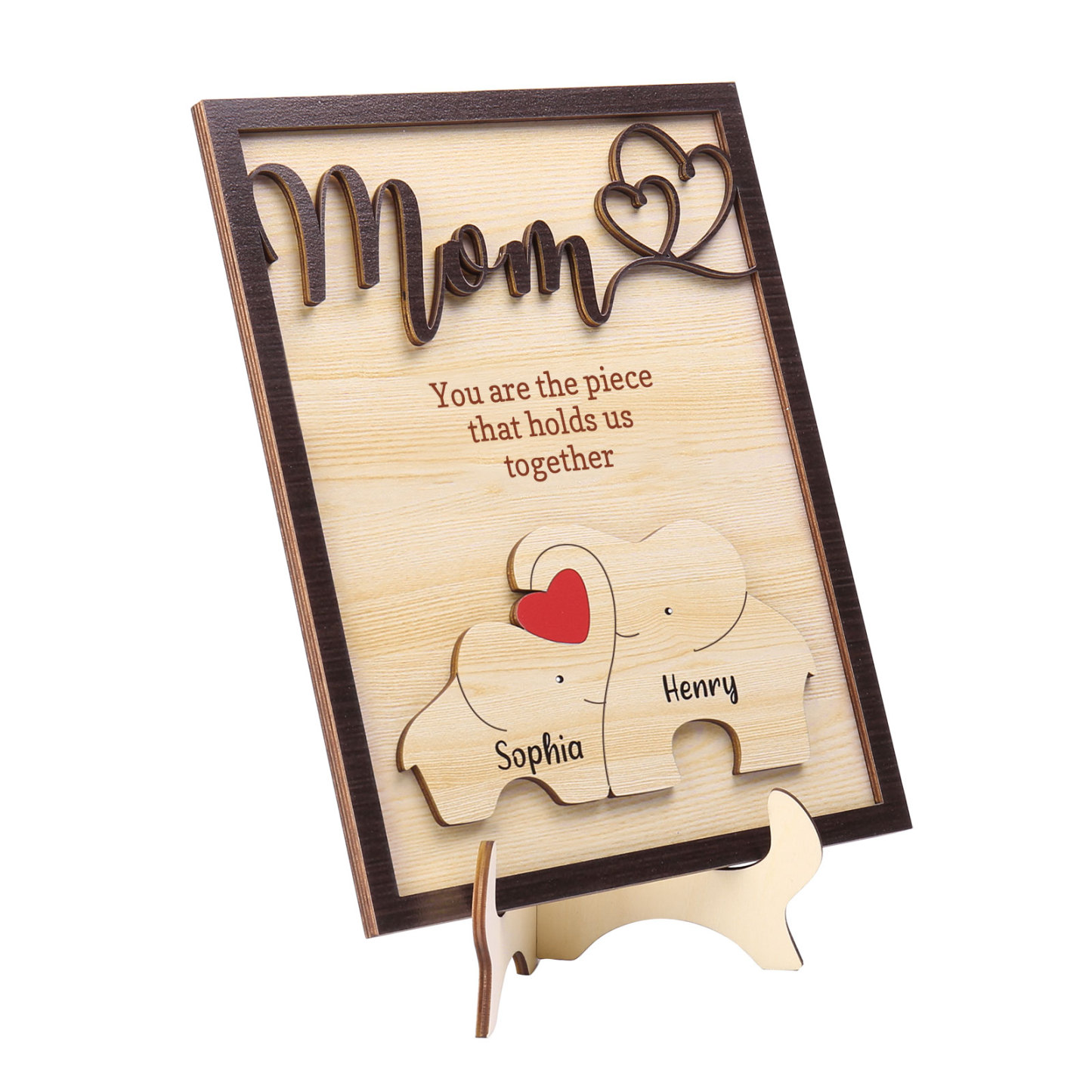 2 Names - Personalized Cute Elephant Style Home Frame Wooden Ornament with Customizable Calling and Text for Mom