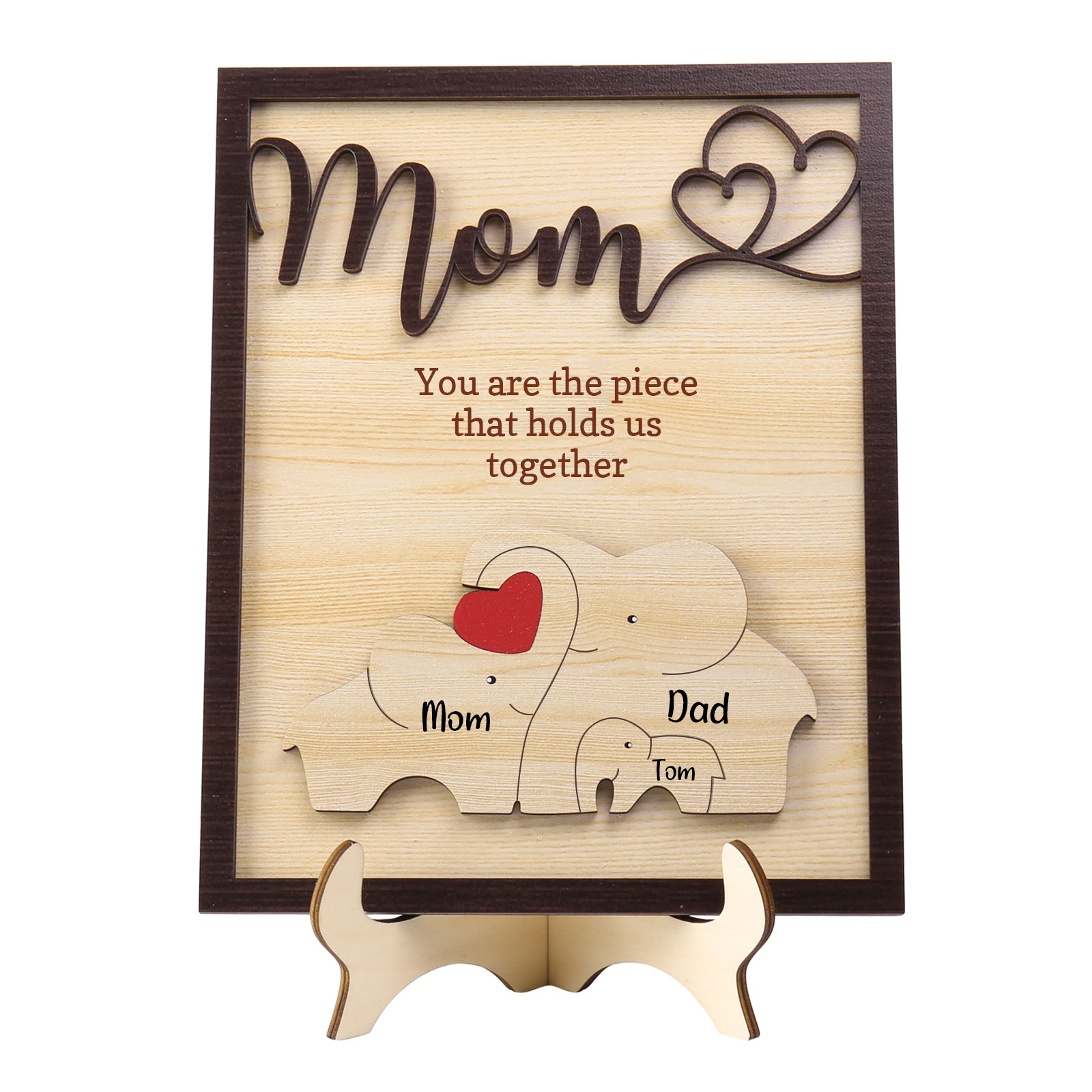 3 Names - Personalized Cute Elephant Style Home Frame Wooden Ornament with Customizable Calling and Text for Mom