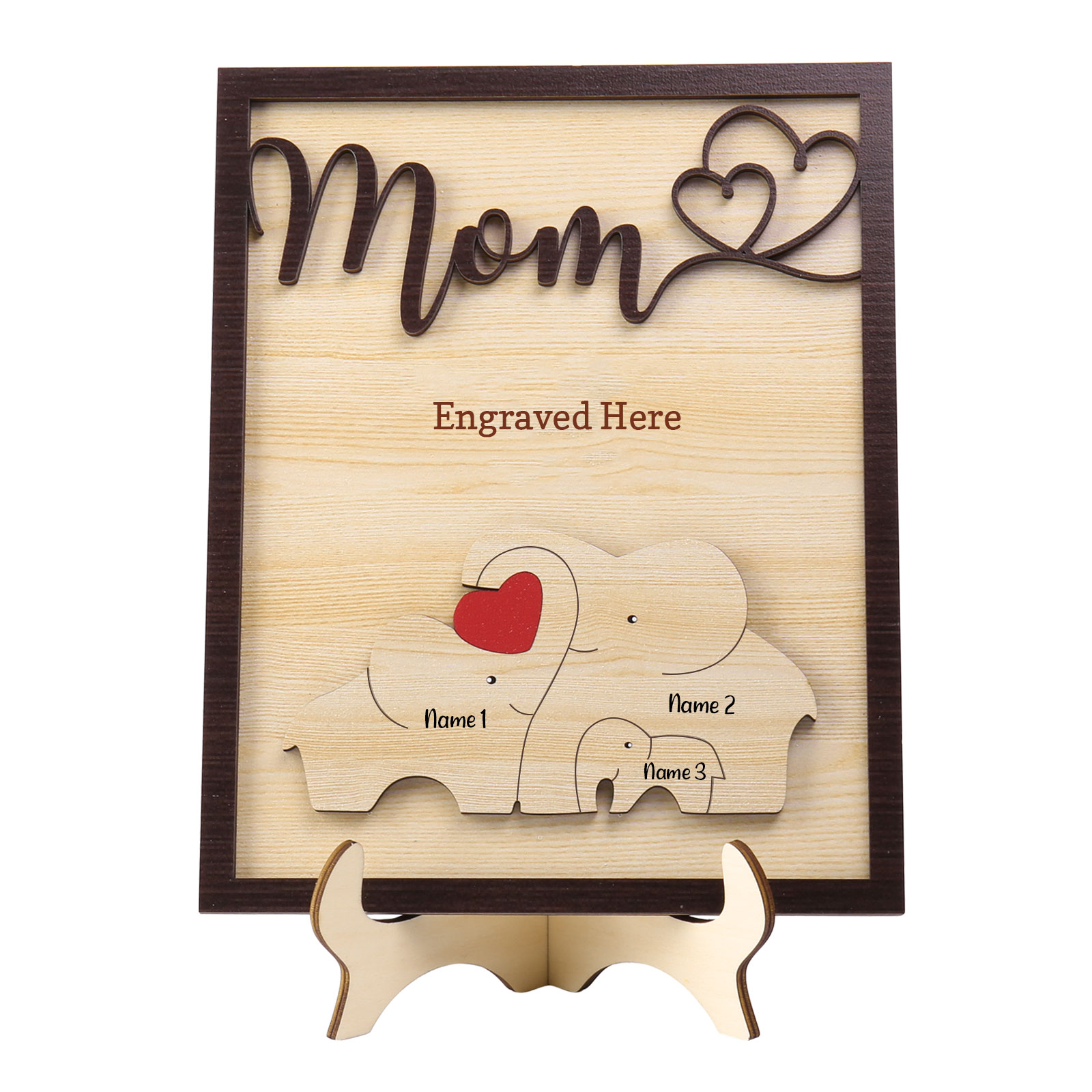 3 Names - Personalized Cute Elephant Style Home Frame Wooden Ornament with Customizable Calling and Text for Mom