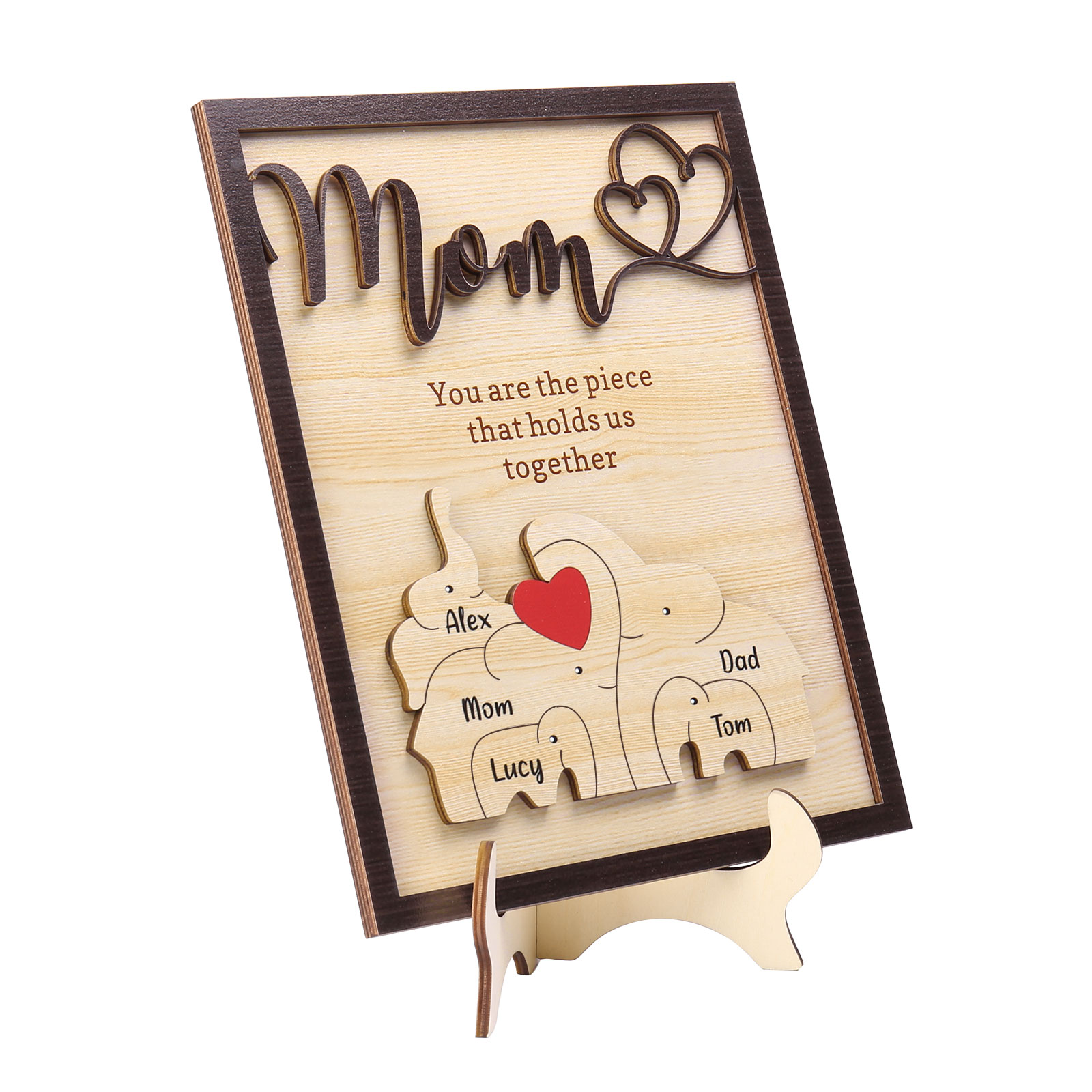 5 Names - Personalized Cute Elephant Style Home Frame Wooden Ornament with Customizable Calling and Text for Mom