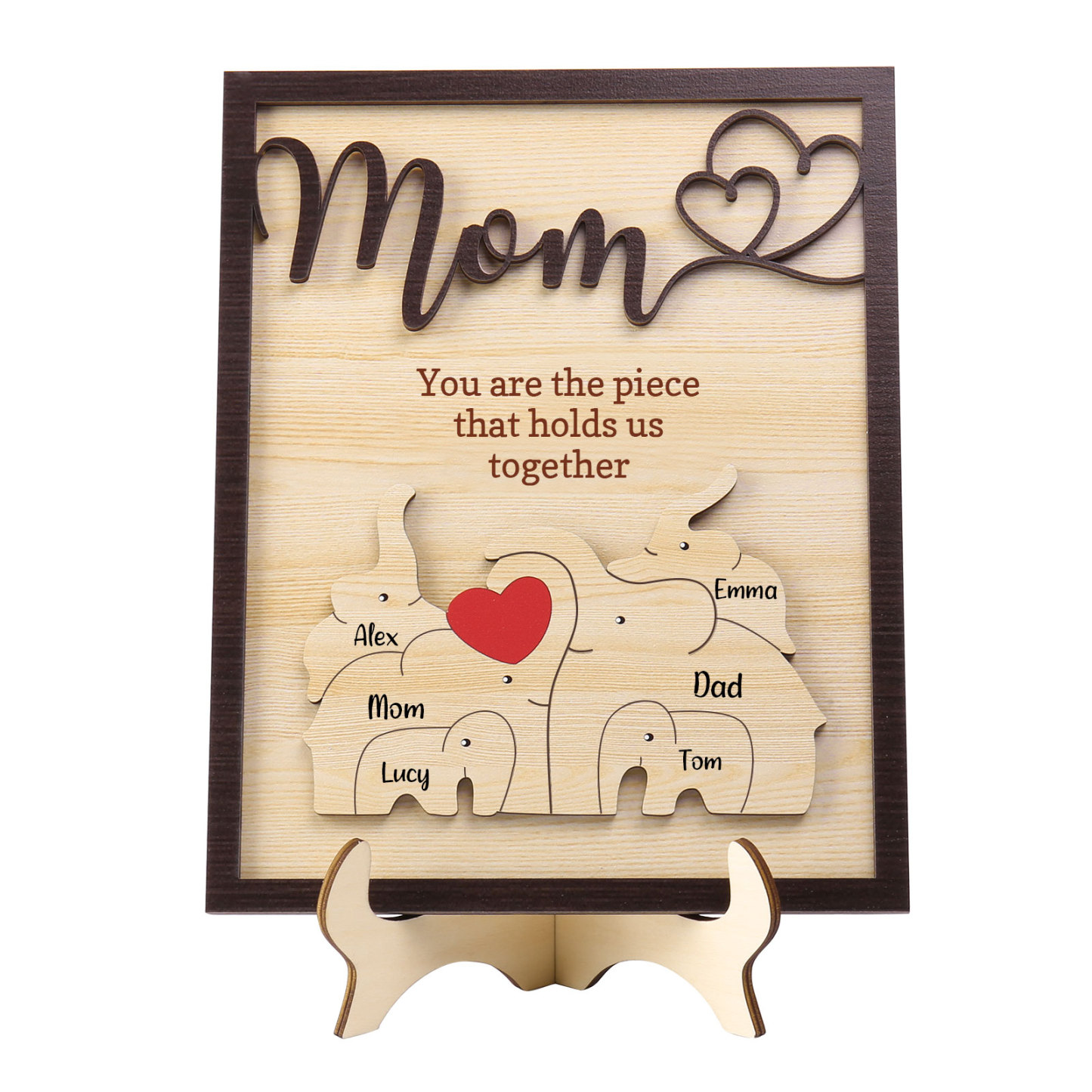 6 Names - Personalized Cute Elephant Style Home Frame Wooden Ornament with Customizable Calling and Text for Mom