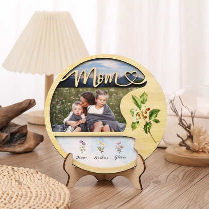 3 Names - Customized Photo Birth Flower Wooden Ornament Decoration for