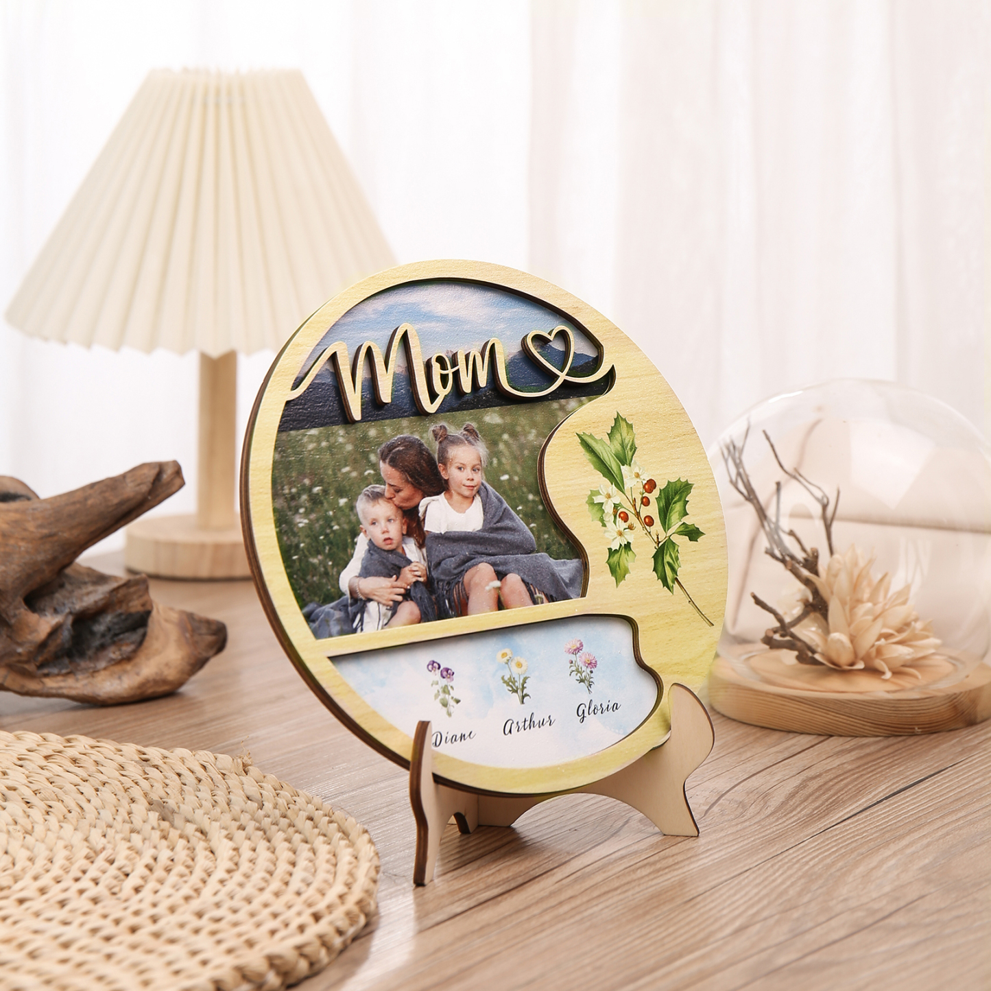3 Names - Customized Photo Birth Flower Wooden Ornament Decoration for Mom