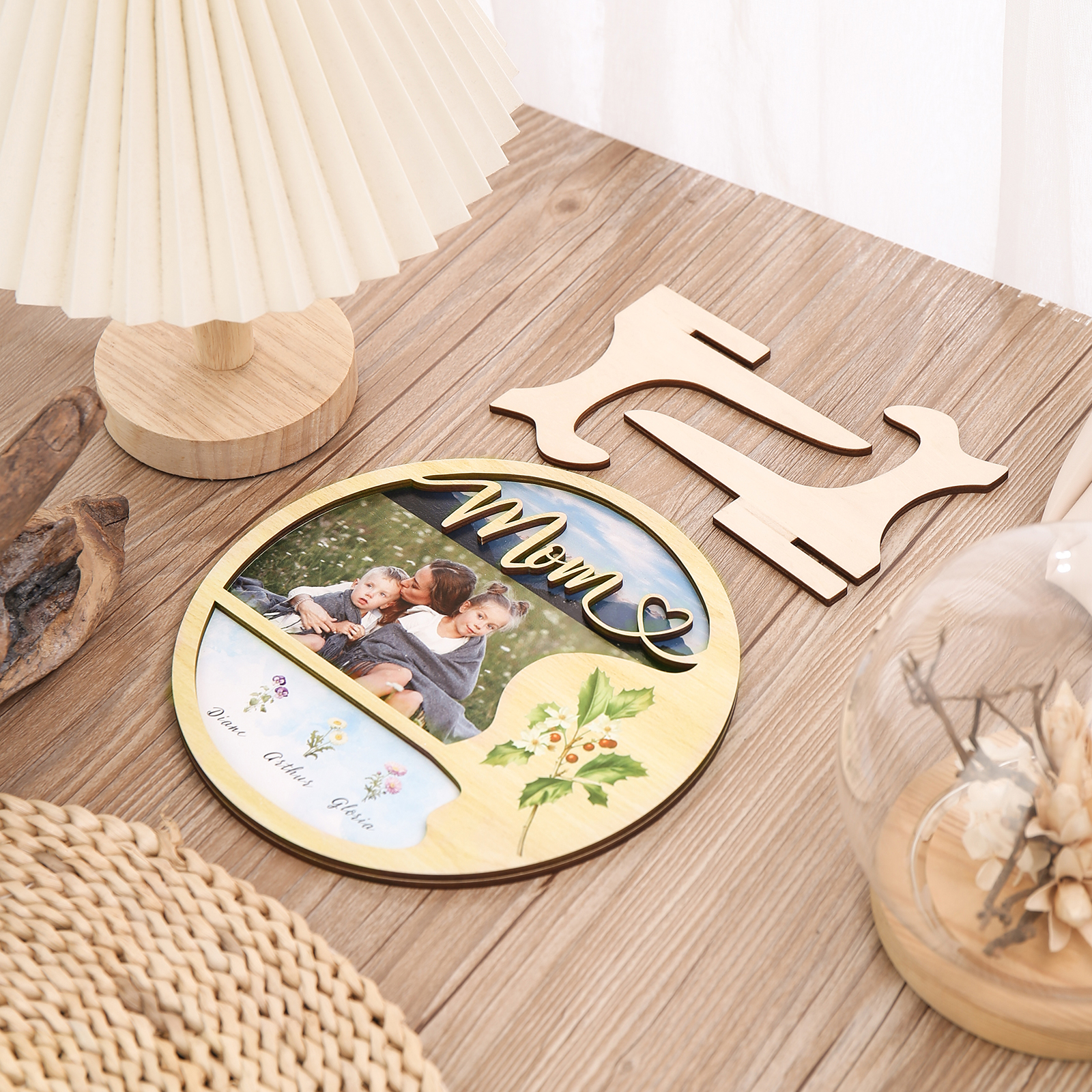 3 Names - Customized Photo Birth Flower Wooden Ornament Decoration for Mom