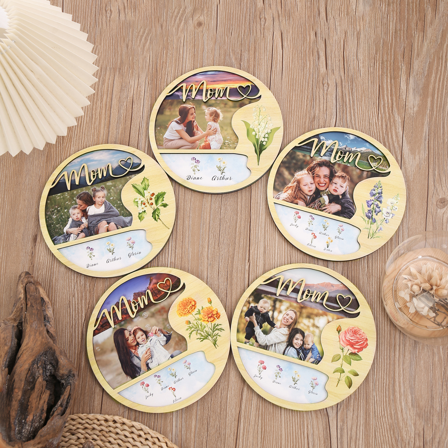 3 Names - Customized Photo Birth Flower Wooden Ornament Decoration for Mom