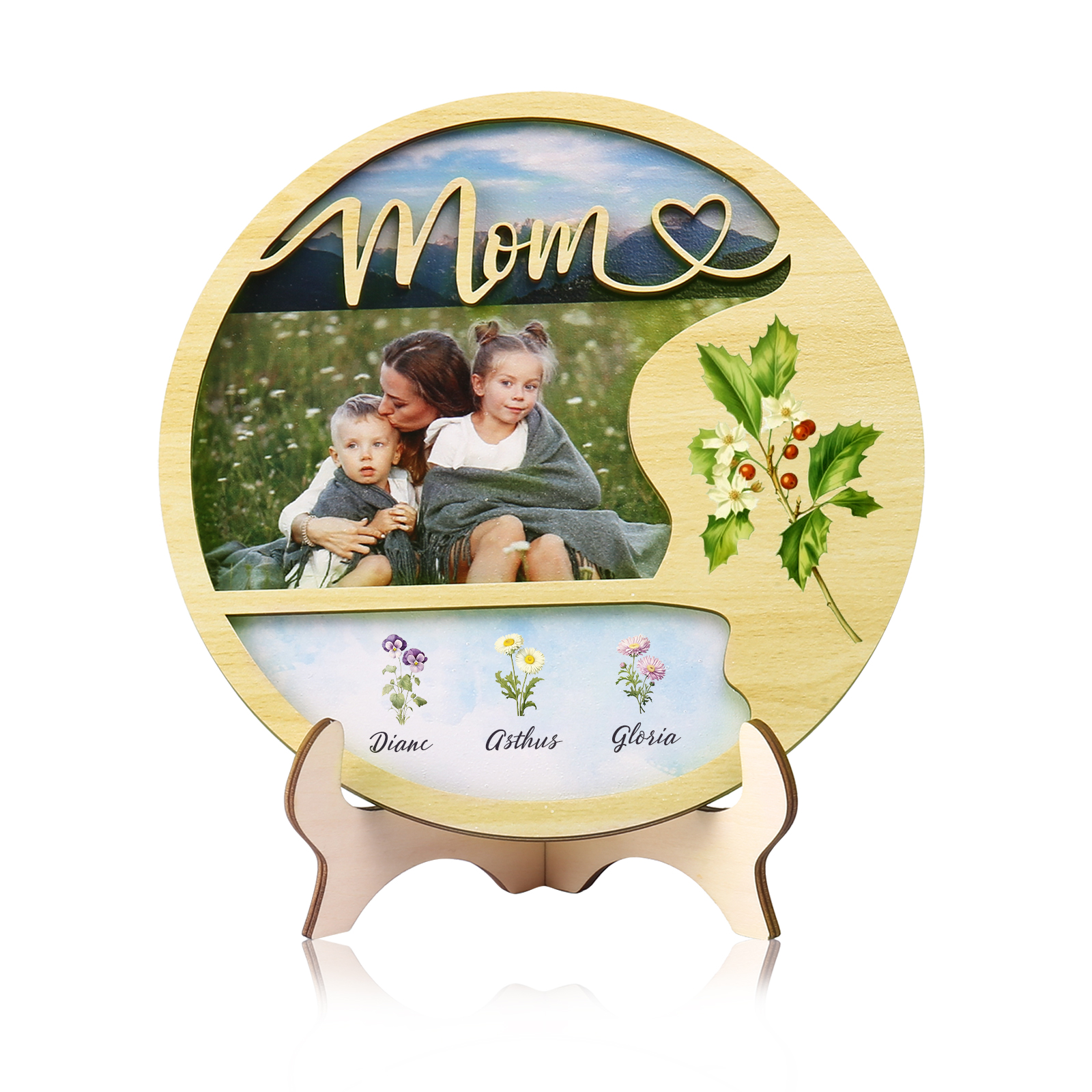 3 Names - Customized Photo Birth Flower Wooden Ornament Decoration for Mom