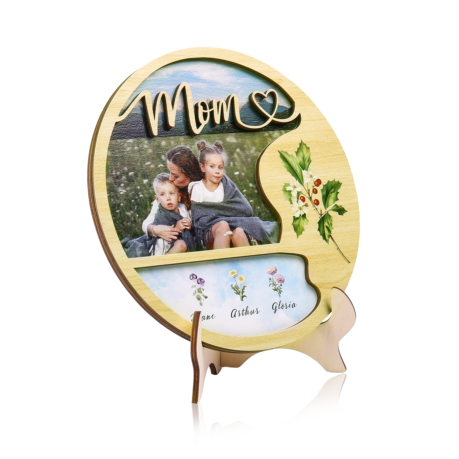3 Names - Customized Photo Birthday Flowers and Text Wooden Ornaments for Mom/Grandma