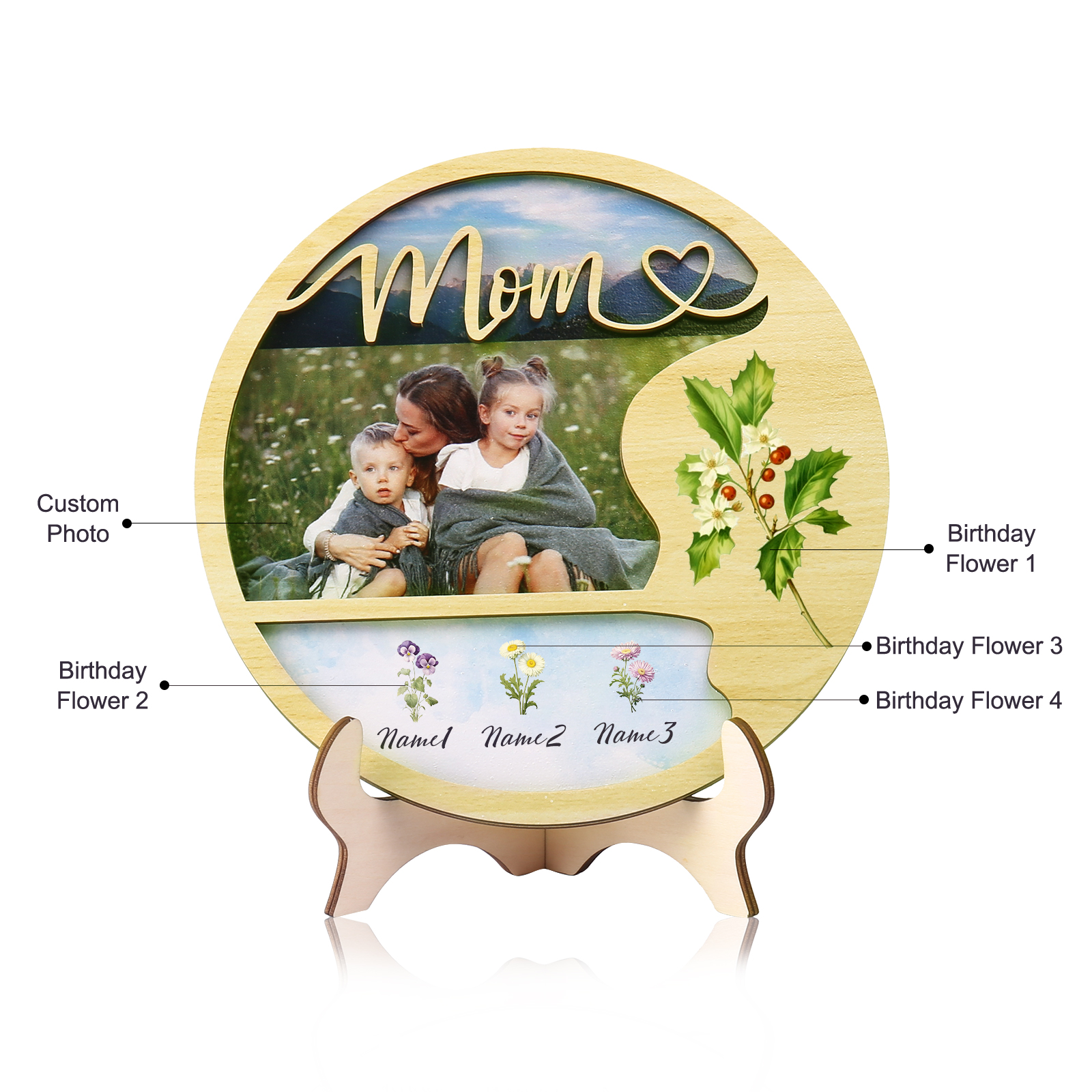 3 Names - Customized Photo Birth Flower Wooden Ornament Decoration for Mom