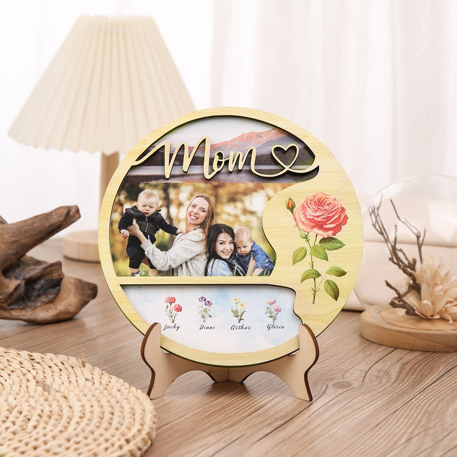 4 Names - Customized Photo Birth Flower Wooden Ornament Decoration for Mom