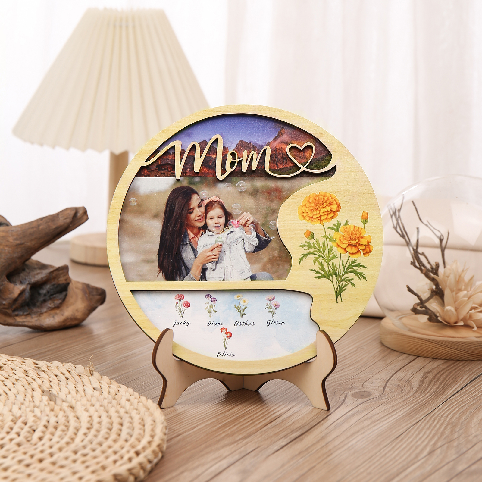5 Names - Customized Photo Birth Flower Wooden Ornament Decoration for