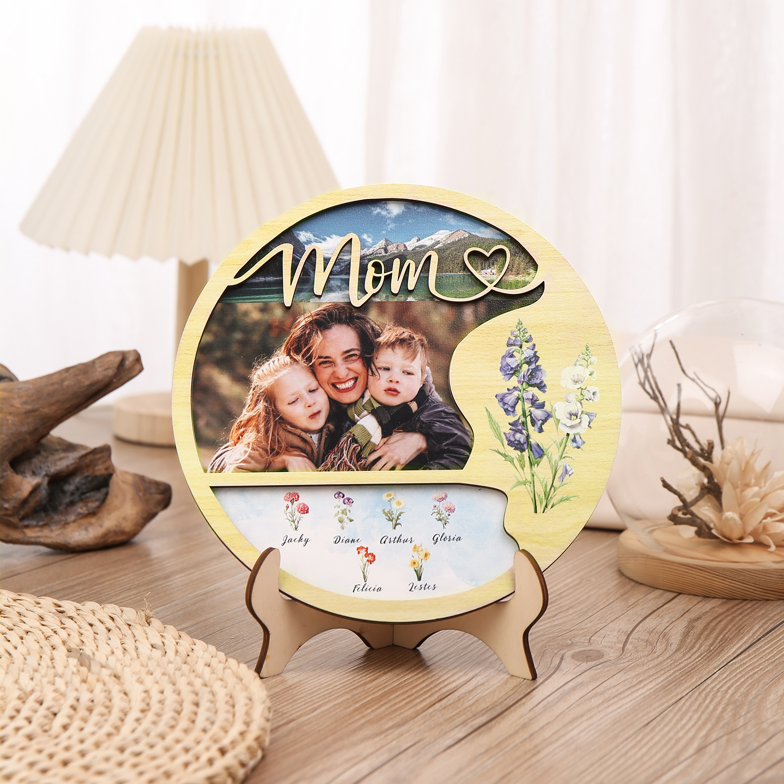 6 Names - Customized Photo Birth Flower Wooden Ornament Decoration for