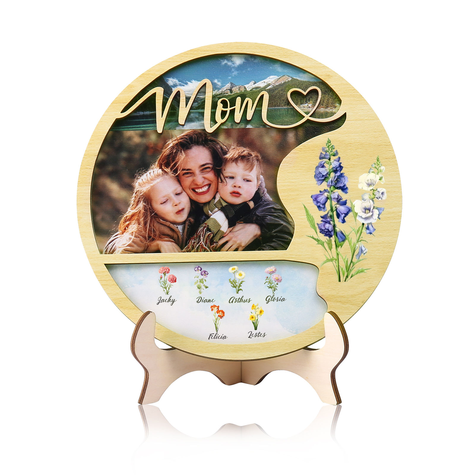6 Names - Customized Photo Birthday Flowers and Text Wooden Ornaments for Mom/Grandma