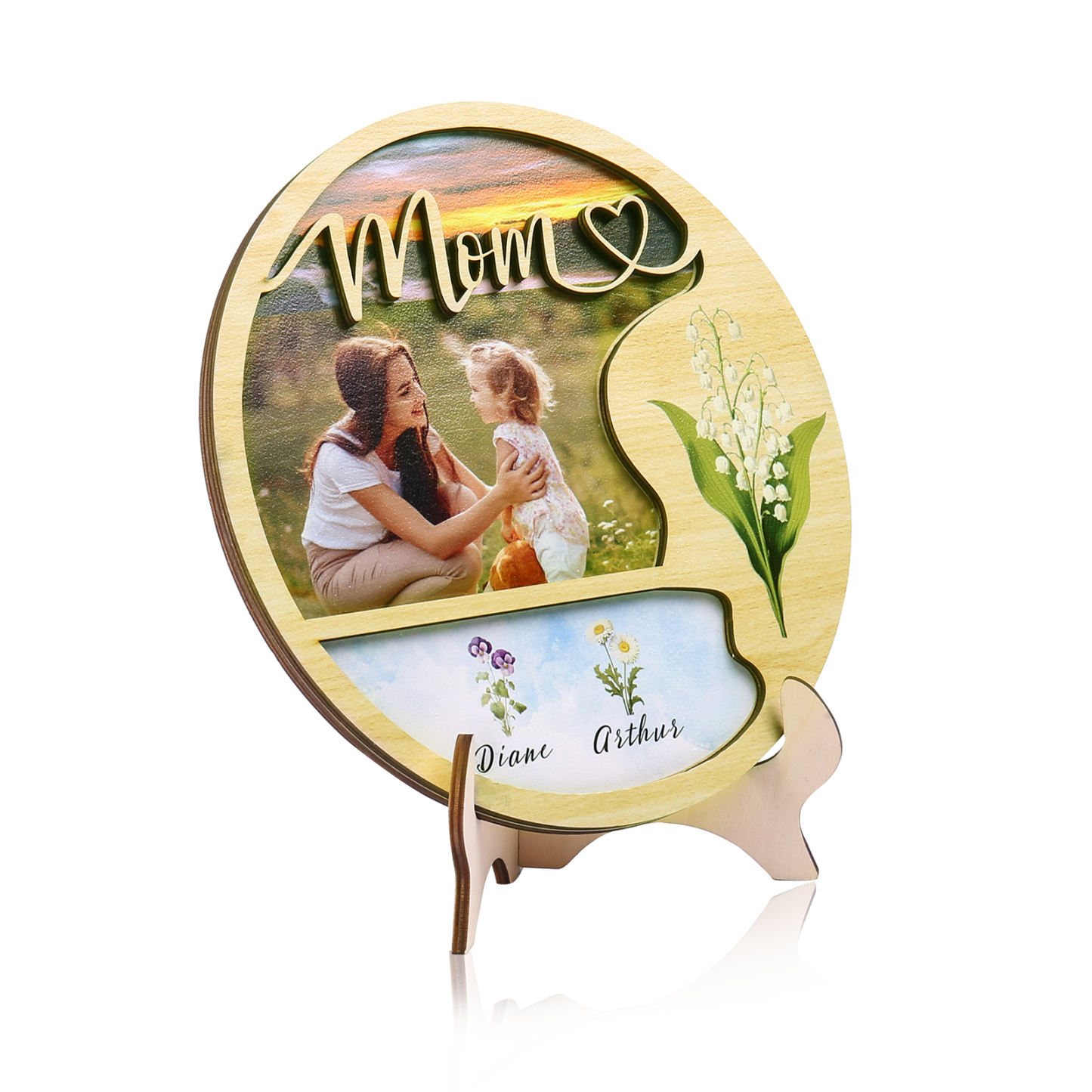 2 Names - Customized Photo Birthday Flowers and Text Wooden Ornaments for Mom/Grandma