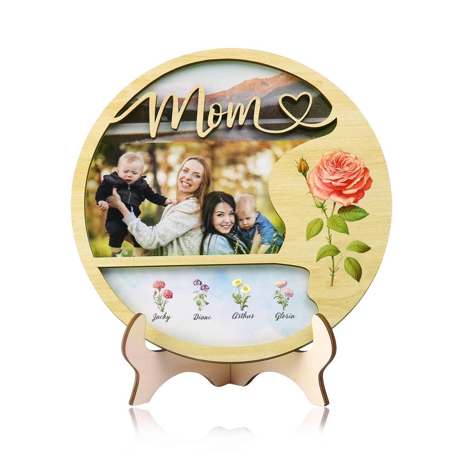 4 Names - Customized Photo Birthday Flowers and Text Wooden Ornaments for Mom/Grandma
