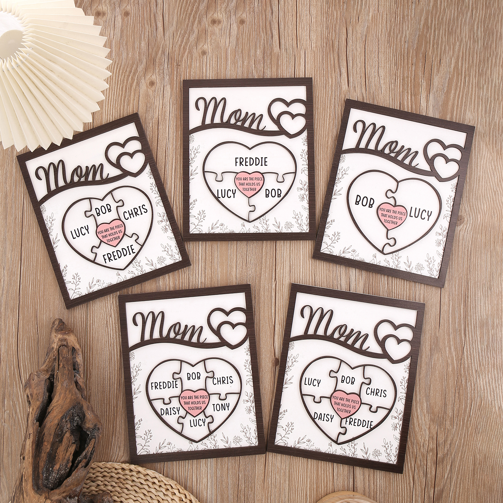 4 Names - Personalized Home Frame Wooden Ornaments Cute Bear Style Ornaments for Mom