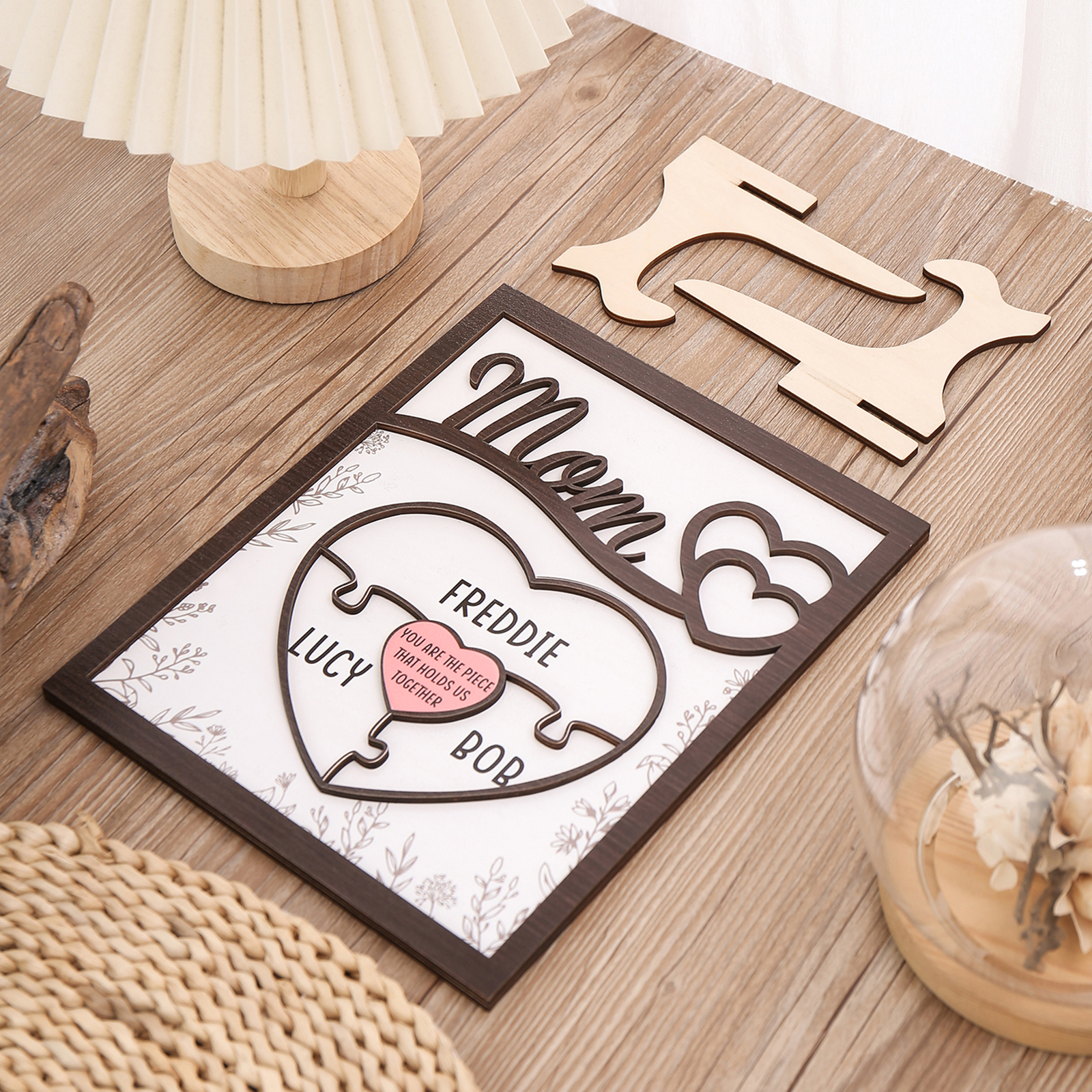 3 Names - Personalized Home Frame Wooden Decoration Customizable with 2 Texts, Love Pieces Wooden Board Painting for Mom