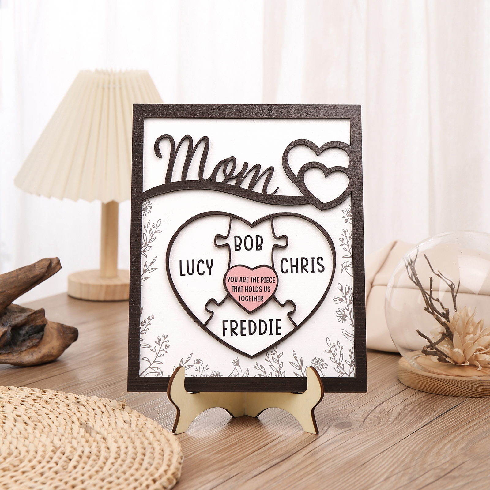 4 Names - Personalized Home Frame Wooden Decoration Customizable with 2 Texts, Love Pieces Wooden Board Painting for Mom