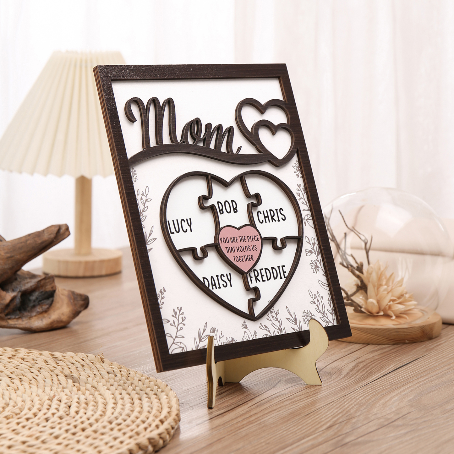5 Names - Personalized Home Frame Wooden Decoration Customizable with 2 Texts, Love Pieces Wooden Board Painting for Mom