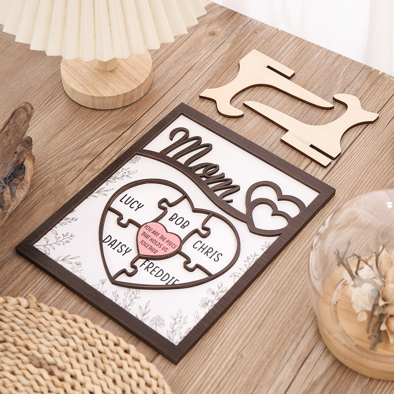 5 Names - Personalized Home Frame Wooden Decoration Customizable with 2 Texts, Love Pieces Wooden Board Painting for Mom