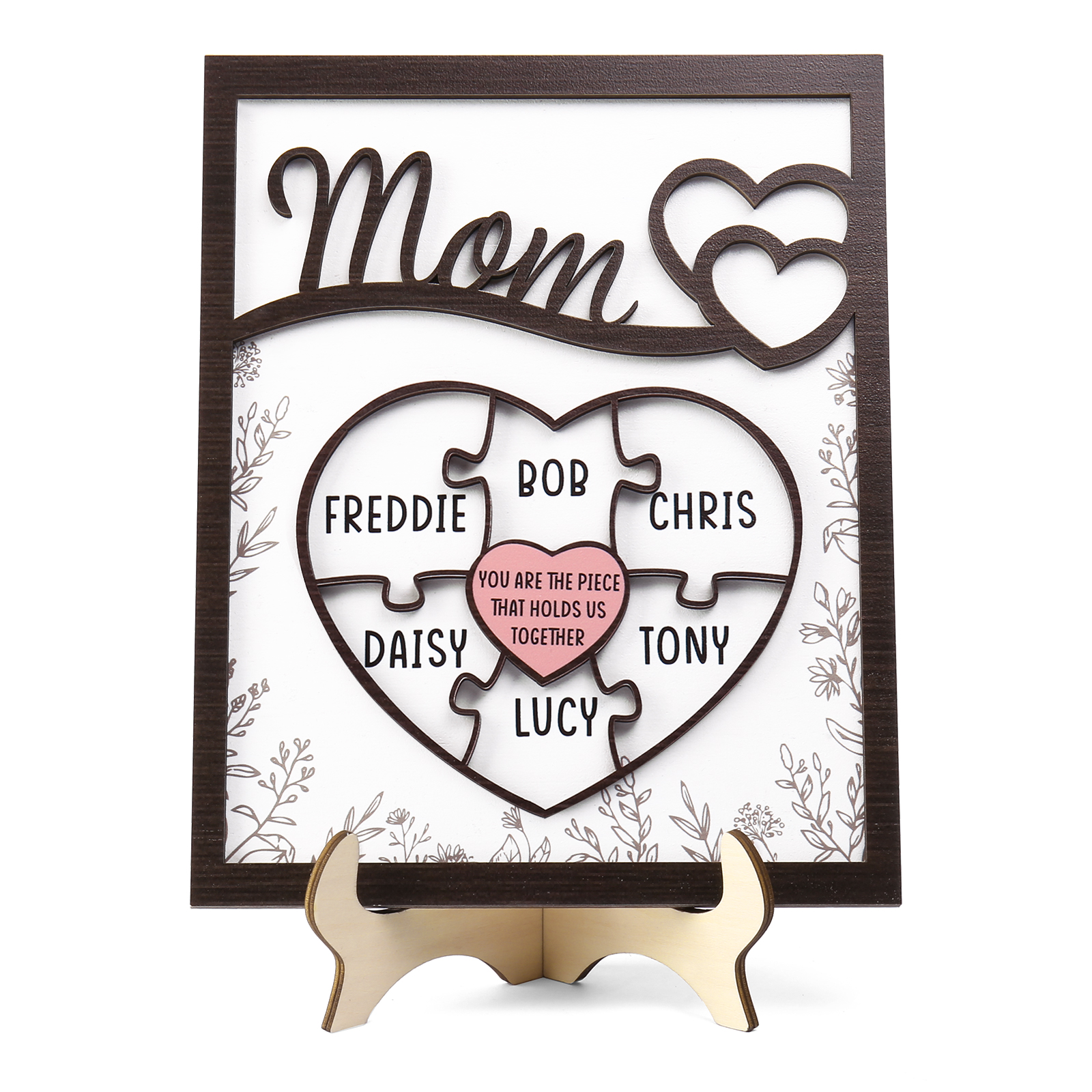 6 Names - Personalized Home Frame Wooden Decoration Customizable with 2 Texts, Love Pieces Wooden Board Painting for Mom