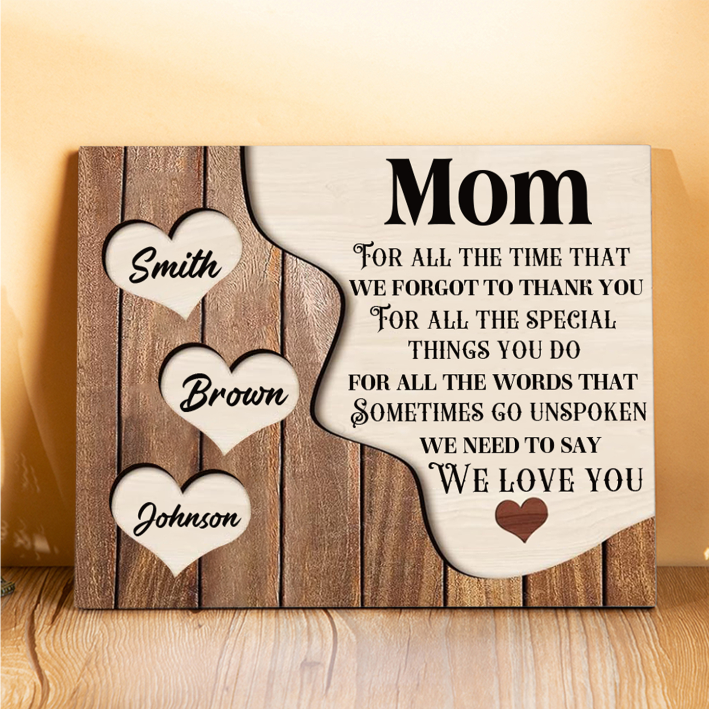 3 Names - Personalized Heart Vintage Wooden Wooden Painting, Home Frame Wooden Decor for Mom