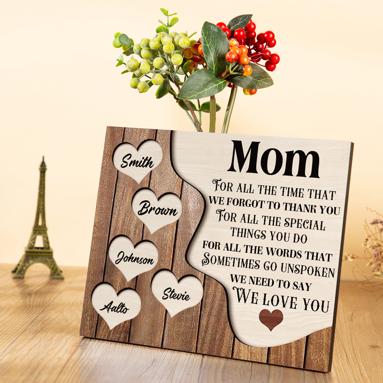 5 Names - Personalized Heart Vintage Wooden Wooden Painting, Home Frame Wooden Decor for Mom