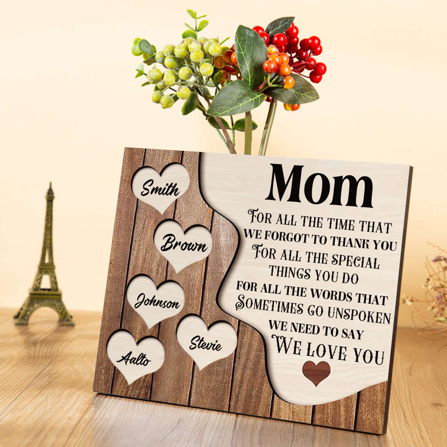 5 Names - Personalized Heart Vintage Wooden Wooden Painting, Home Frame Wooden Decor for Mom