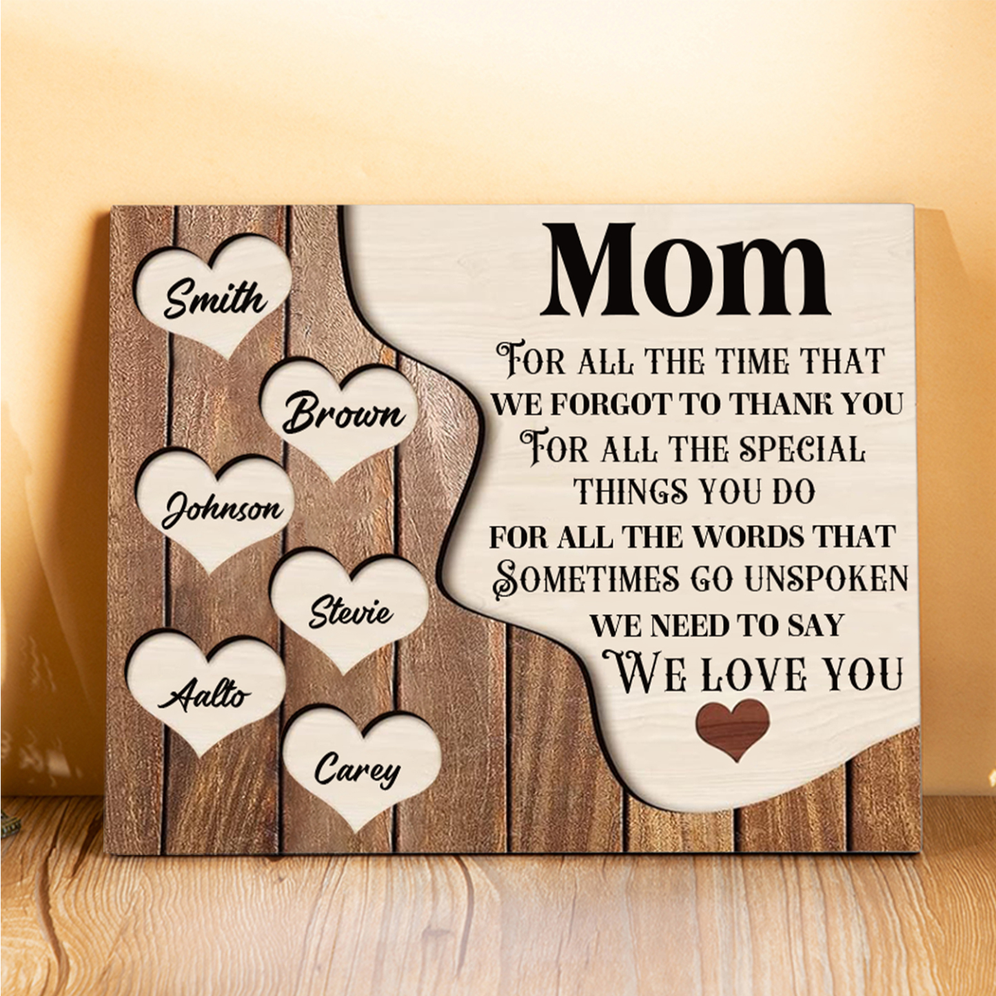 6 Names - Personalized Heart Vintage Wooden Wooden Painting, Home Frame Wooden Decor for Mom