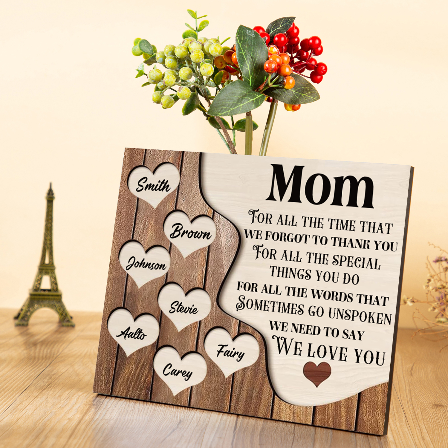 7 Names - Personalized Heart Vintage Wooden Wooden Painting, Home Frame Wooden Decor for Mom