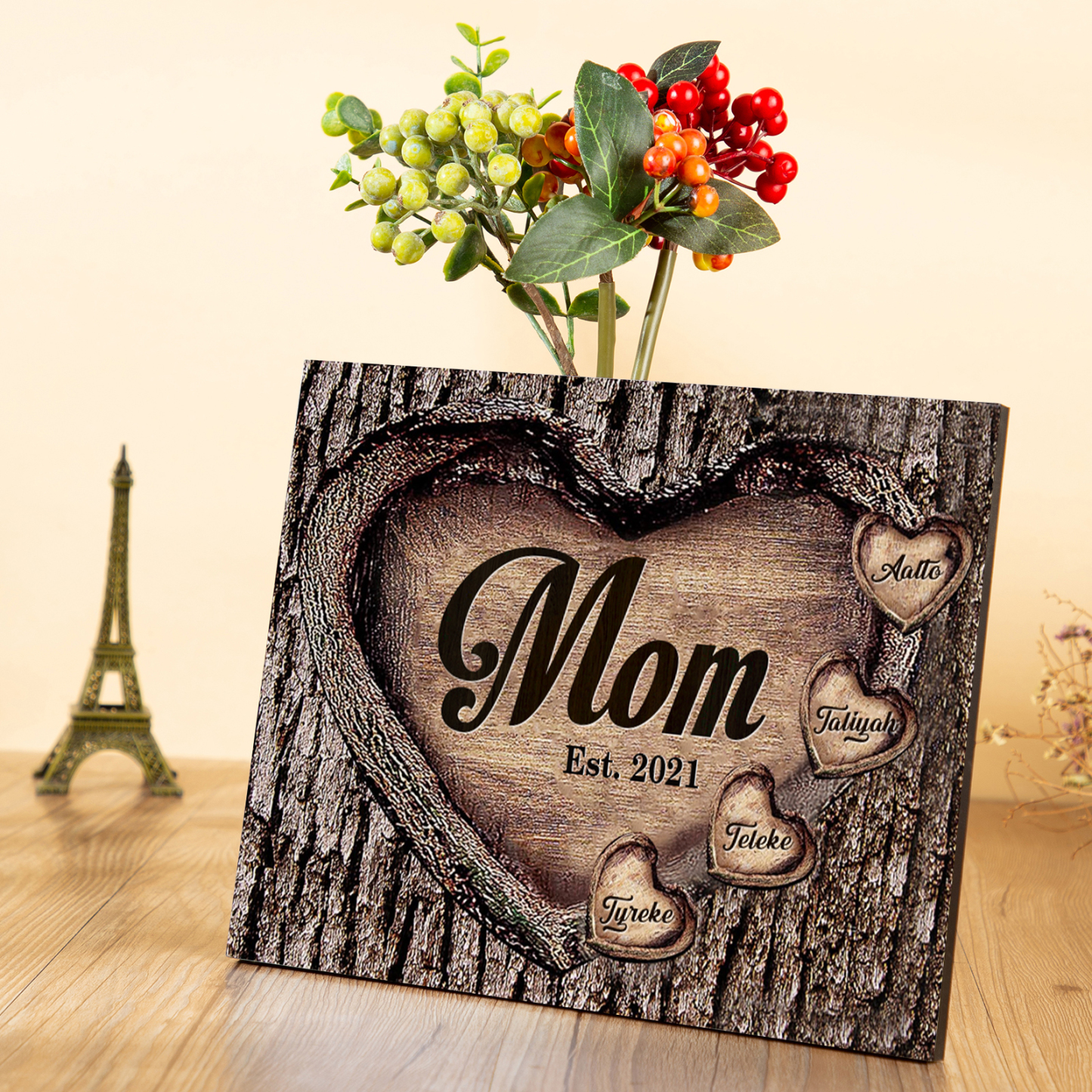 To Mom Heart Frame Personalized 4 Names And Date Wooden Ornament Home Decoration for Mom