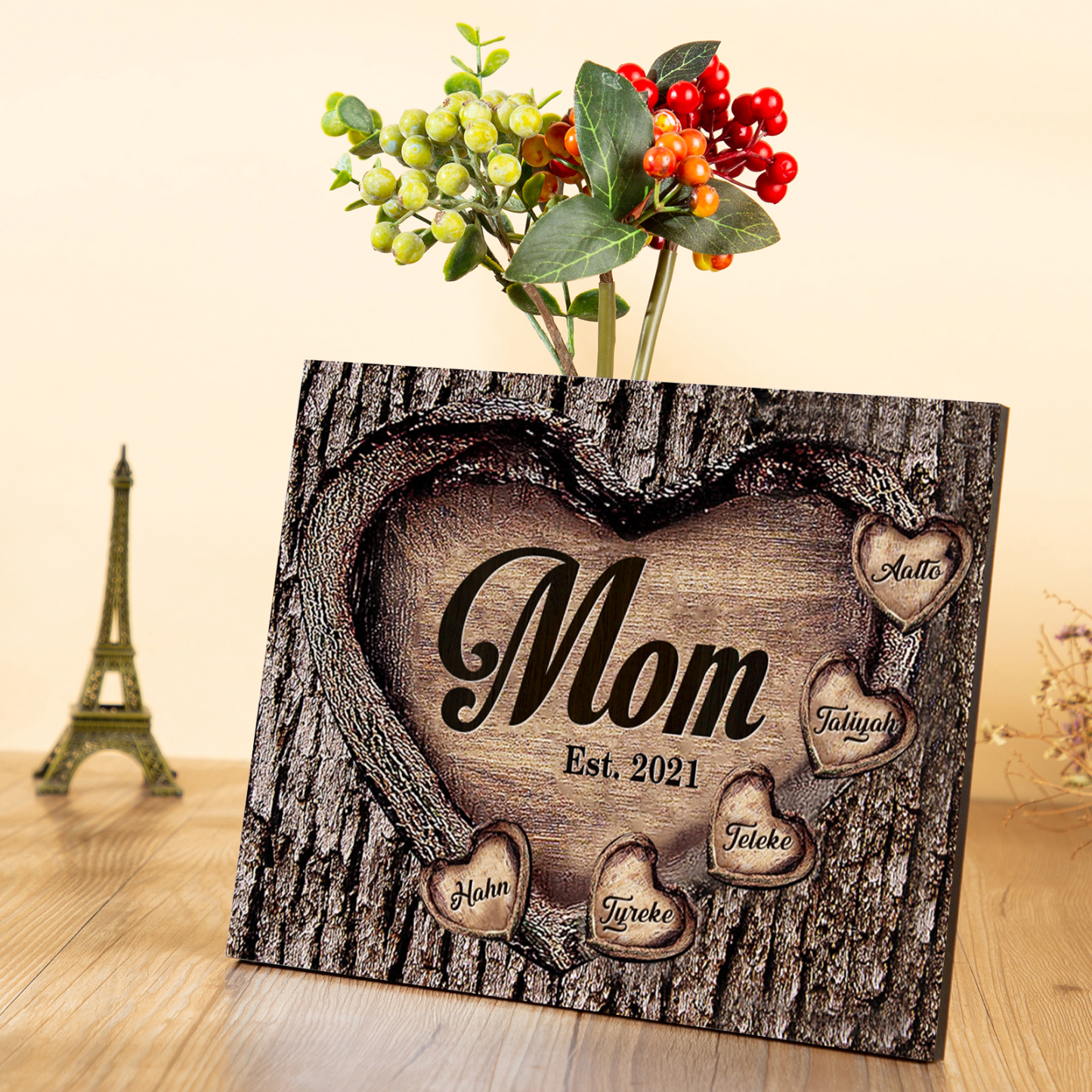 To Mom Heart Frame Personalized 5 Names And Date Wooden Ornament Home Decoration for Mom