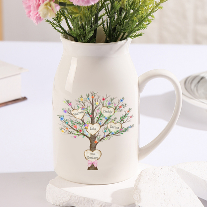 4 Names - Personalized Beautiful Family Tree Style Ceramic Vase with Customizable Names As a Special Gift For Mom/Dad