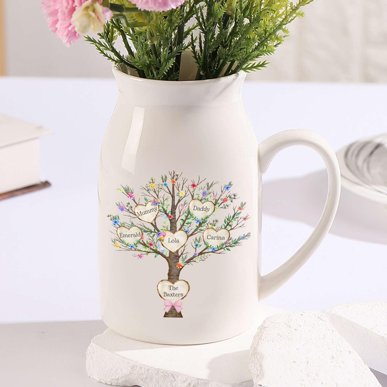 5 Names - Personalized Beautiful Family Tree Style Ceramic Vase with Customizable Names As a Special Gift For Mom/Dad