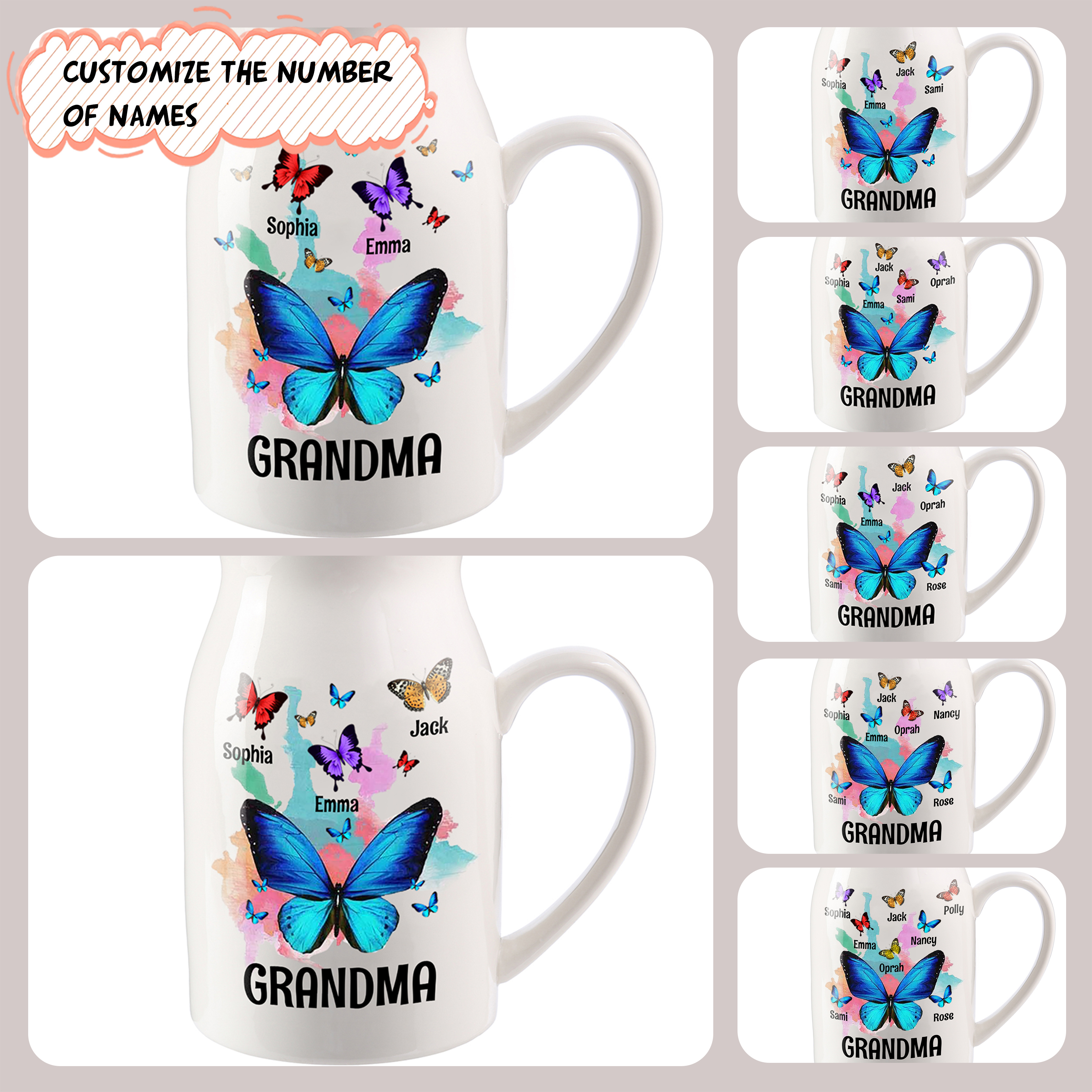 3 Names - Personalized Beautiful Colorful Butterfly Style Ceramic Vase with Customizable Names As a Wonderful Gift For Grandma