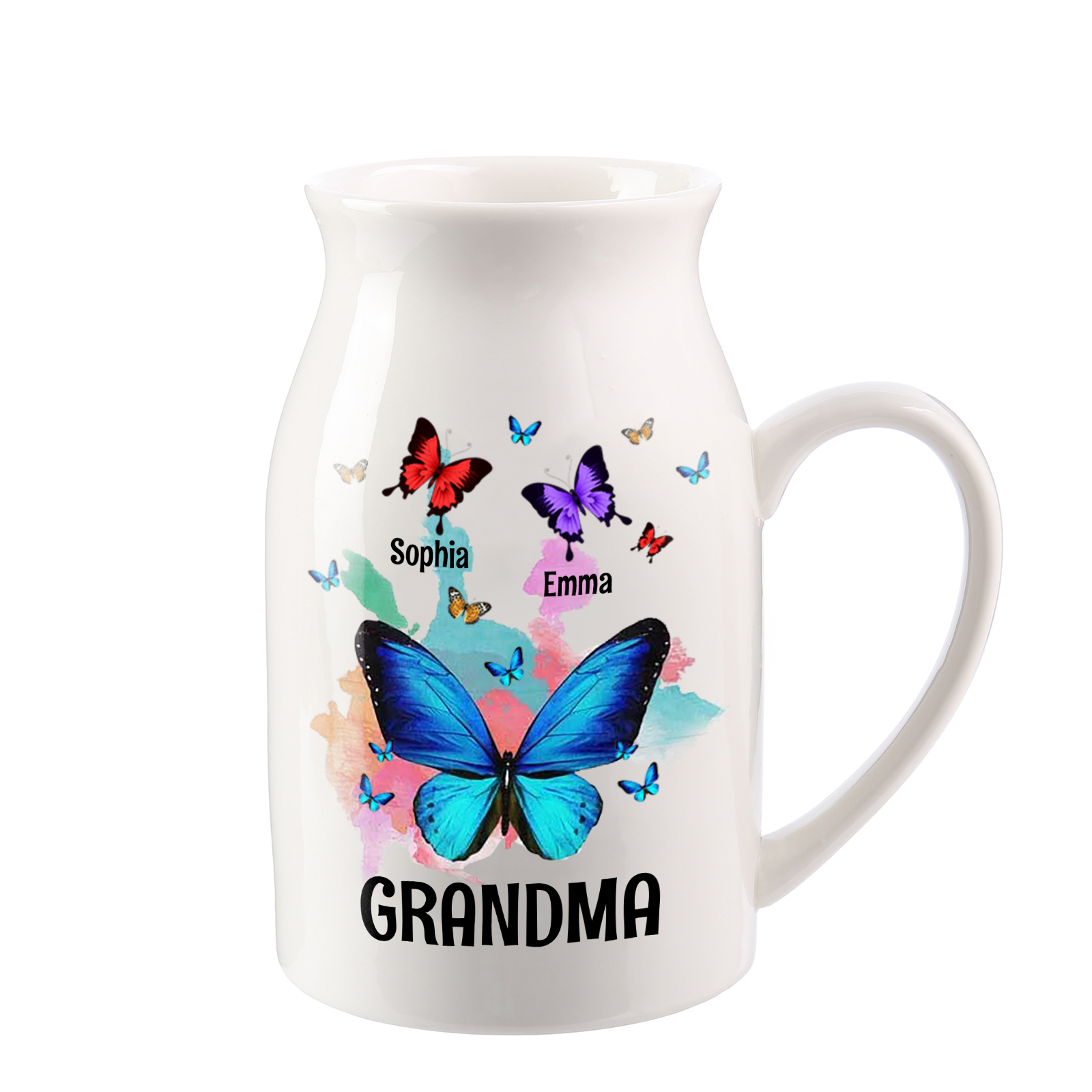 2 Names - Personalized Beautiful Colorful Butterfly Style Ceramic Vase with Customizable Names As a Wonderful Gift For Grandma