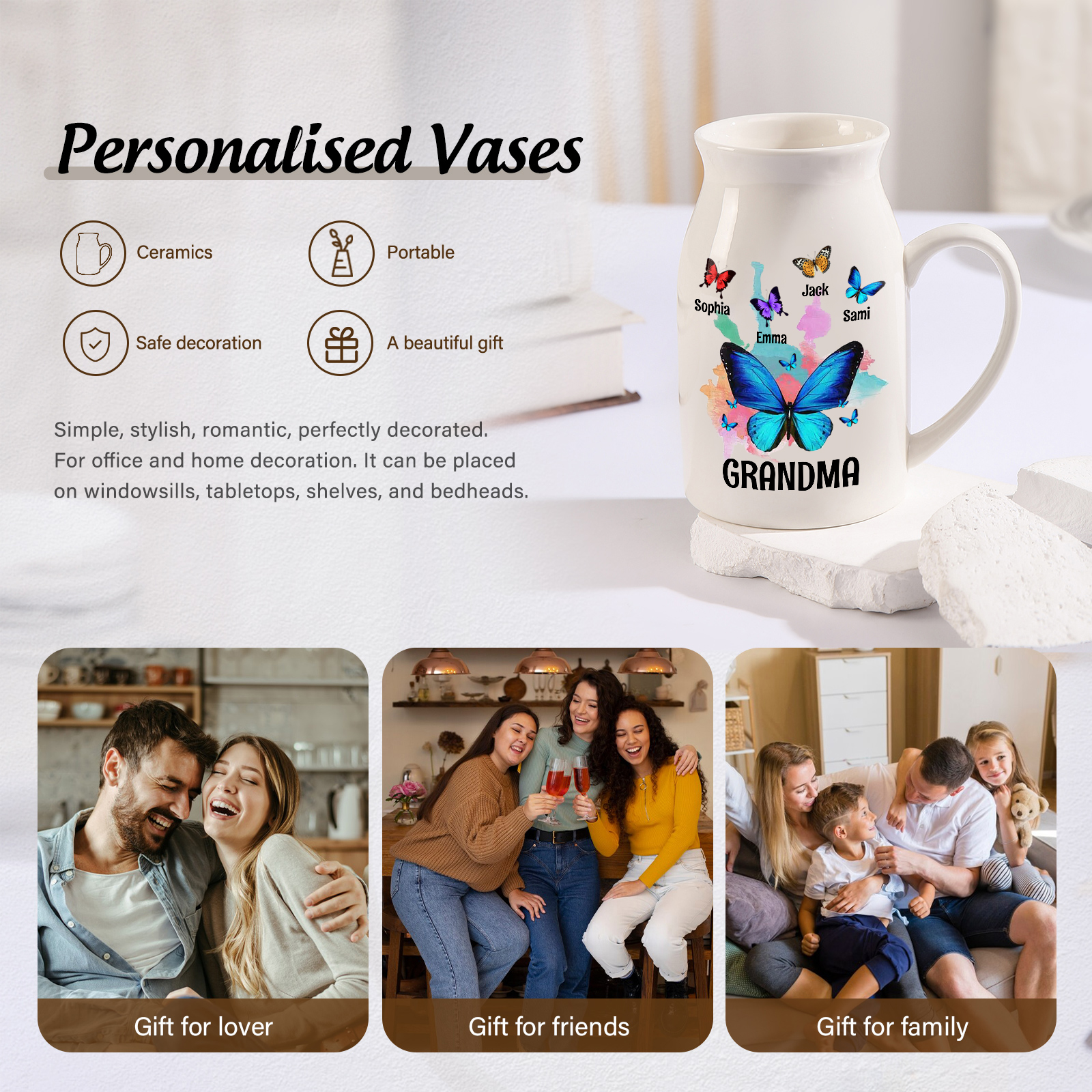 4 Names - Personalized Beautiful Colorful Butterfly Style Ceramic Vase with Customizable Names As a Wonderful Gift For Grandma