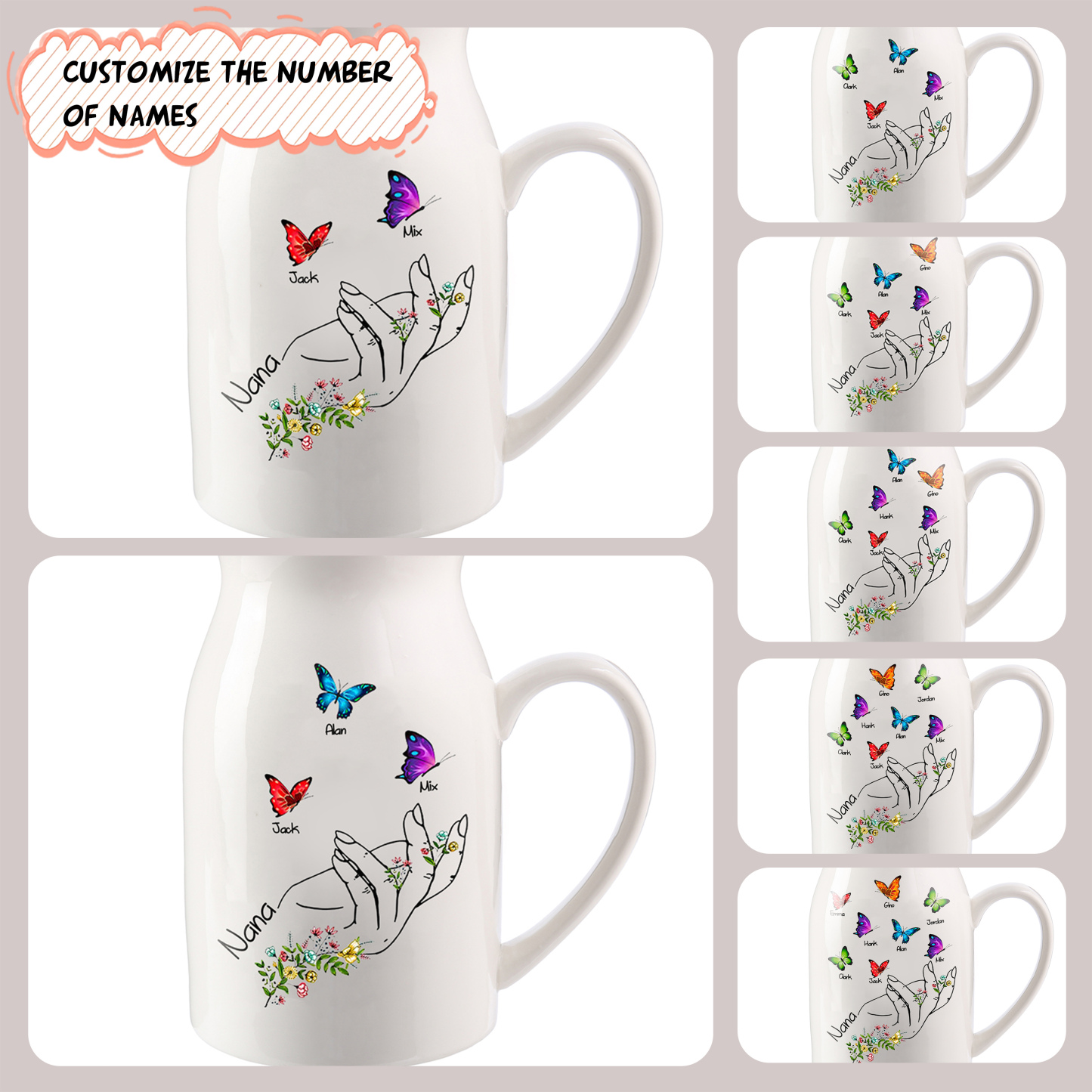 3 Names - Personalized Exquisite Flower Hand Butterfly Style Ceramic Cup With Customizable Names As a Special Gift For Mom